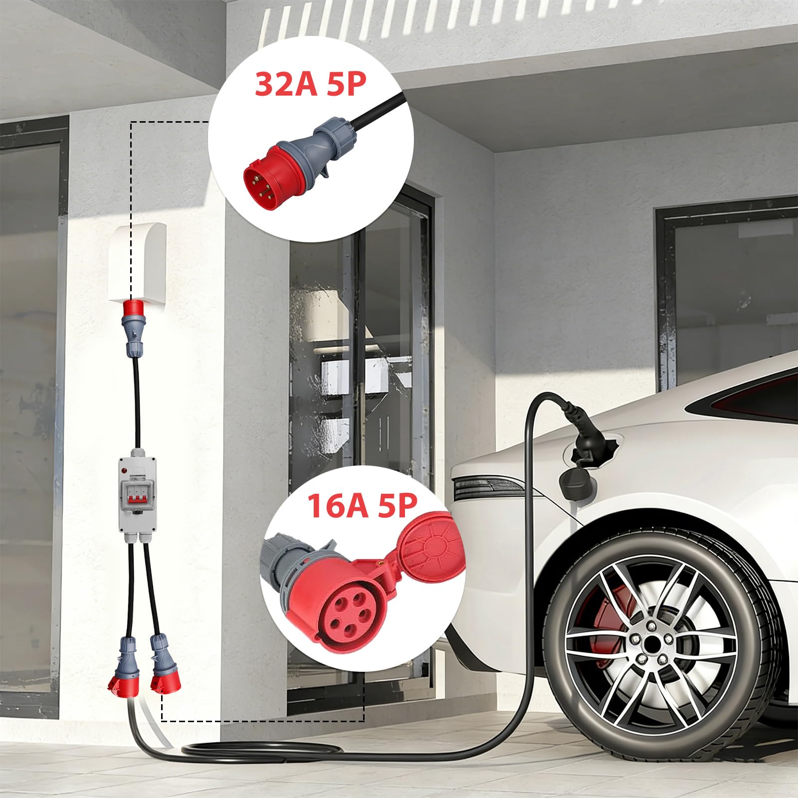 Adapter CEE, wtyczka CEE 5-biegunowa, 32 A do 16 A, 0,5 m na każdym końcu, H07RN-F, 5 x 2,5 mm², rozdzielacz prądu, na kemping, przewód adaptera CEE, pyłoszczelny i wodoszczelny, do samochodów