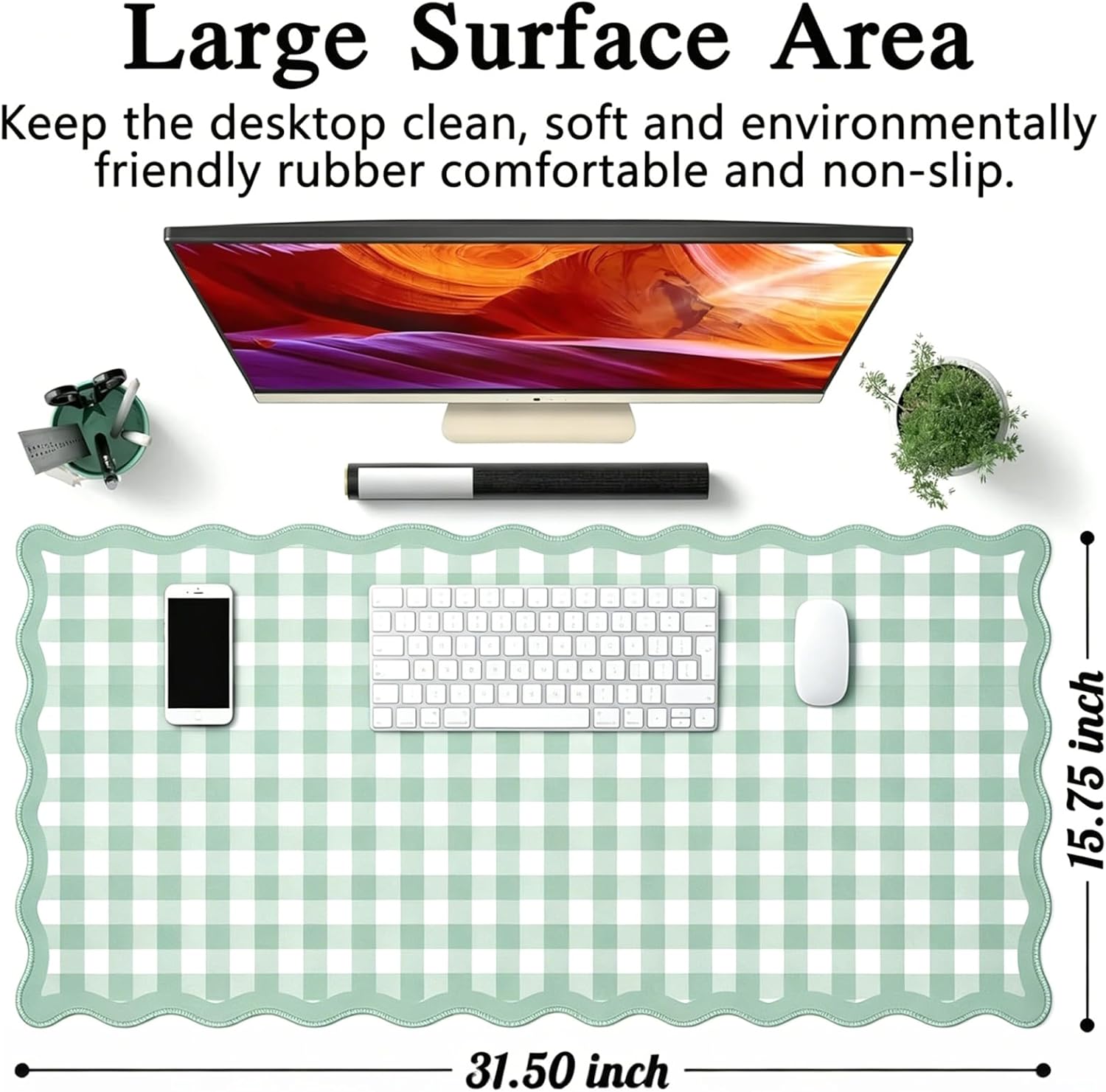 Green Scalloped Desk Mat, Checkered Large Mouse Pad, Non-Slip Rubber Base Keyboard Pad Waterproof Desktop Mat, Desk Pad for Desktop Home Office Laptop Computer Game 31X15.7 Inches (Green) image 2