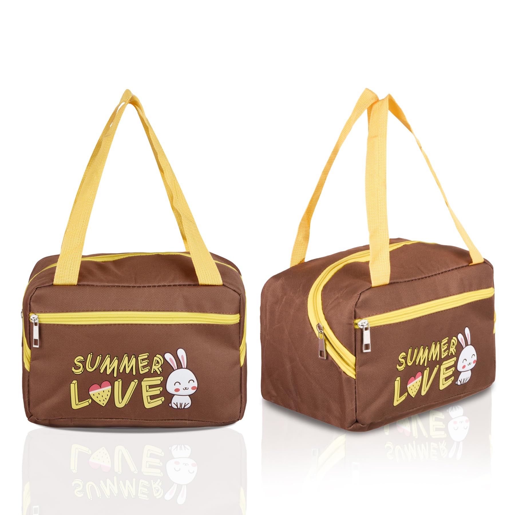 Heart Home Pack of 2 Lunch Bag | Insulated Lunch Bag | Lunch Bag for Office | Lunch Bag for Camping with Front Pocket | Waterproof Tiffin Cover with Handle | Summer Rabbit | Brown