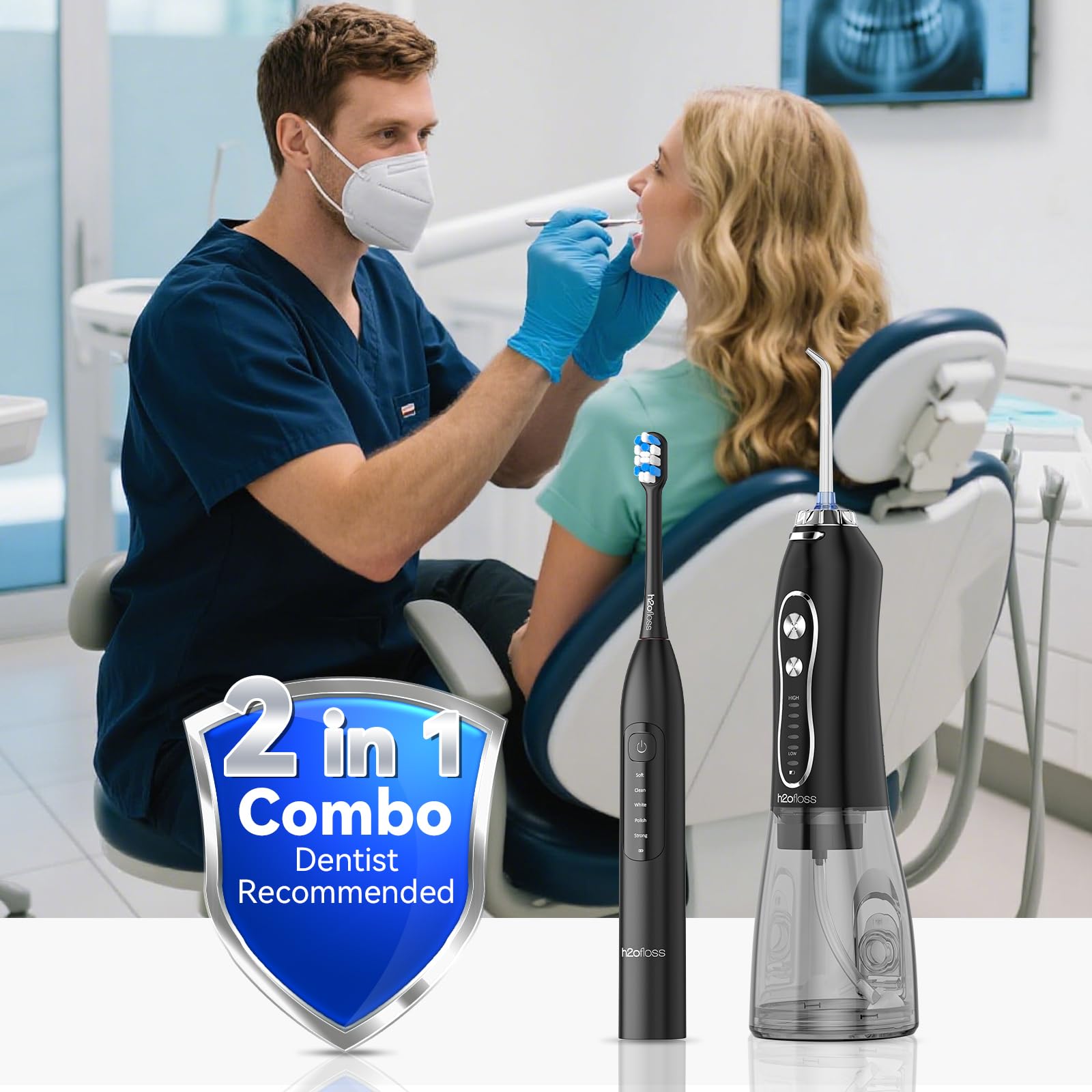 H2ofloss Set di idropulsore e spazzolino elettrico 2 in 1 per la cura orale per spazzolatura e filo interdentale, serbatoio dell'acqua da 300 ml, 20-110 psi, 5 modalità, senza BPA, lunga durata della
