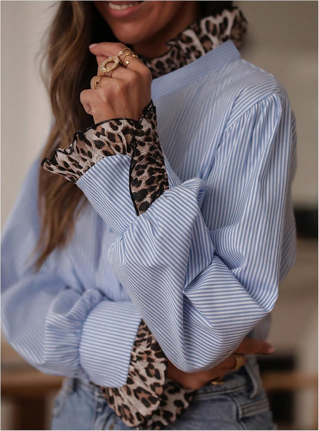 GORGLITTER Women's Striped Long Sleeve Shirt Leopard Ruffle Long Sleeve Button Down Business Casual Work Blouse - Image 2