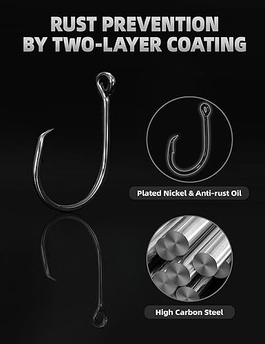 Miniatura 8 de BLUEWING Gancho circular de gran espacio de 25 ganchos de pesca de acero de alto carbono, ganchos de pesca extra afilados para pesca en agua dulce