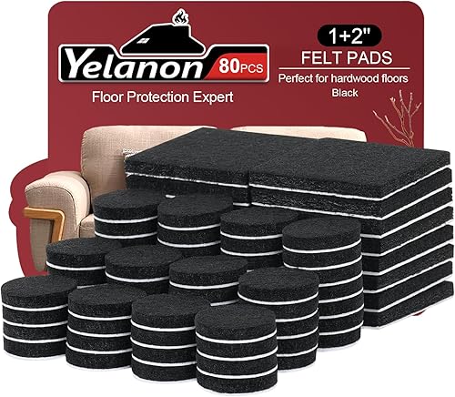Yelanon Almohadillas de fieltro para muebles de madera dura, 80 almohadillas de fieltro prémium para patas de silla, protectores de piso para