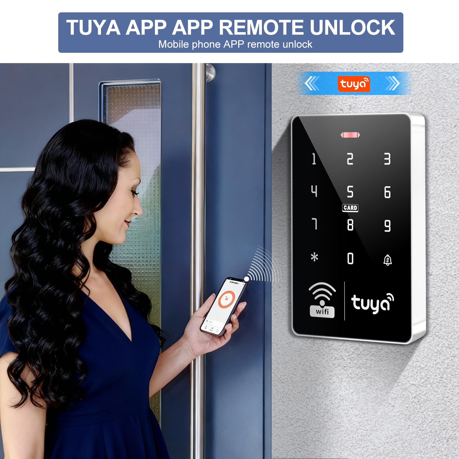 Panel de control de acceso WiFi S10 Tuya plateado + 10 tarjetas de acceso IC azules, IP68 impermeable, control de acceso completo de nivel básico y kit de seguridad.