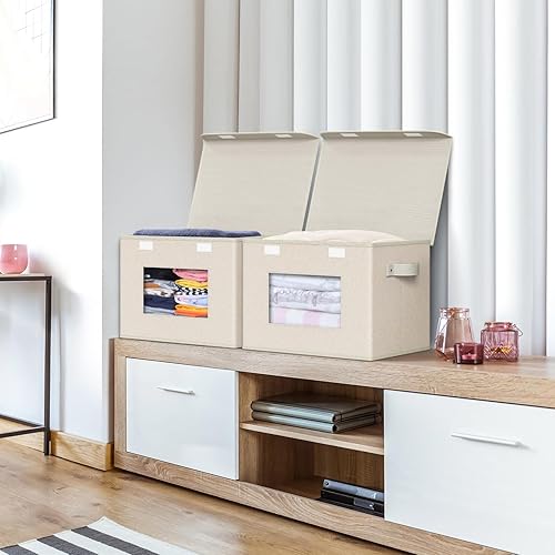 Vista 29 de Univivi Cajas de almacenamiento plegables de tela [4 unidades] Contenedores de almacenamiento grandes plegables apilables con tapas, organizadores