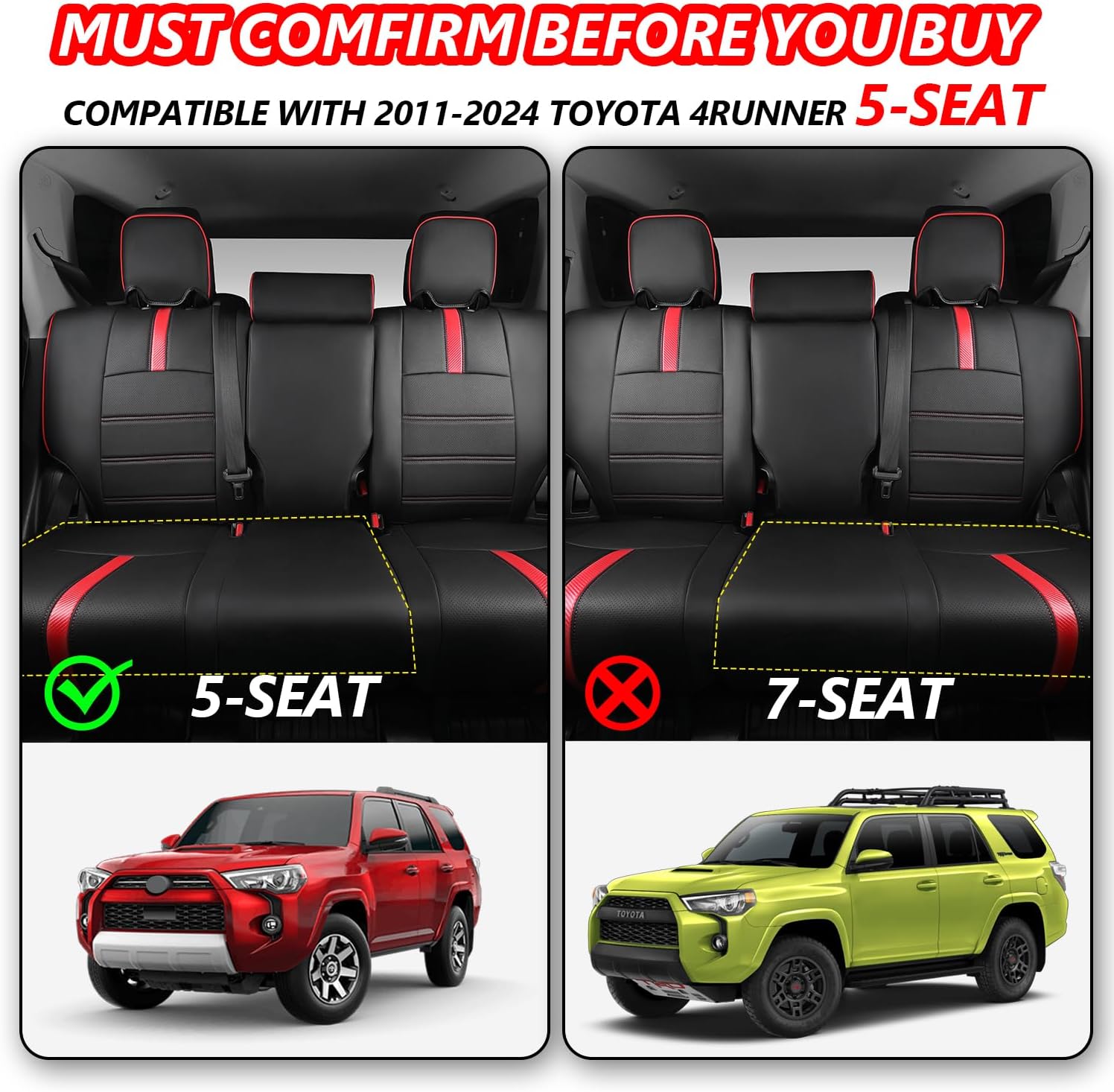PTYYDS Seat Covers Compatible with 2011-2024 Toyota 4Runner Seat Covers 2-Row Leather Covers Replacement for 2011-2024 Toyota 4Runner Accessories(2-Row,5 Seats Model ONLY,Full Set,Black+Red)