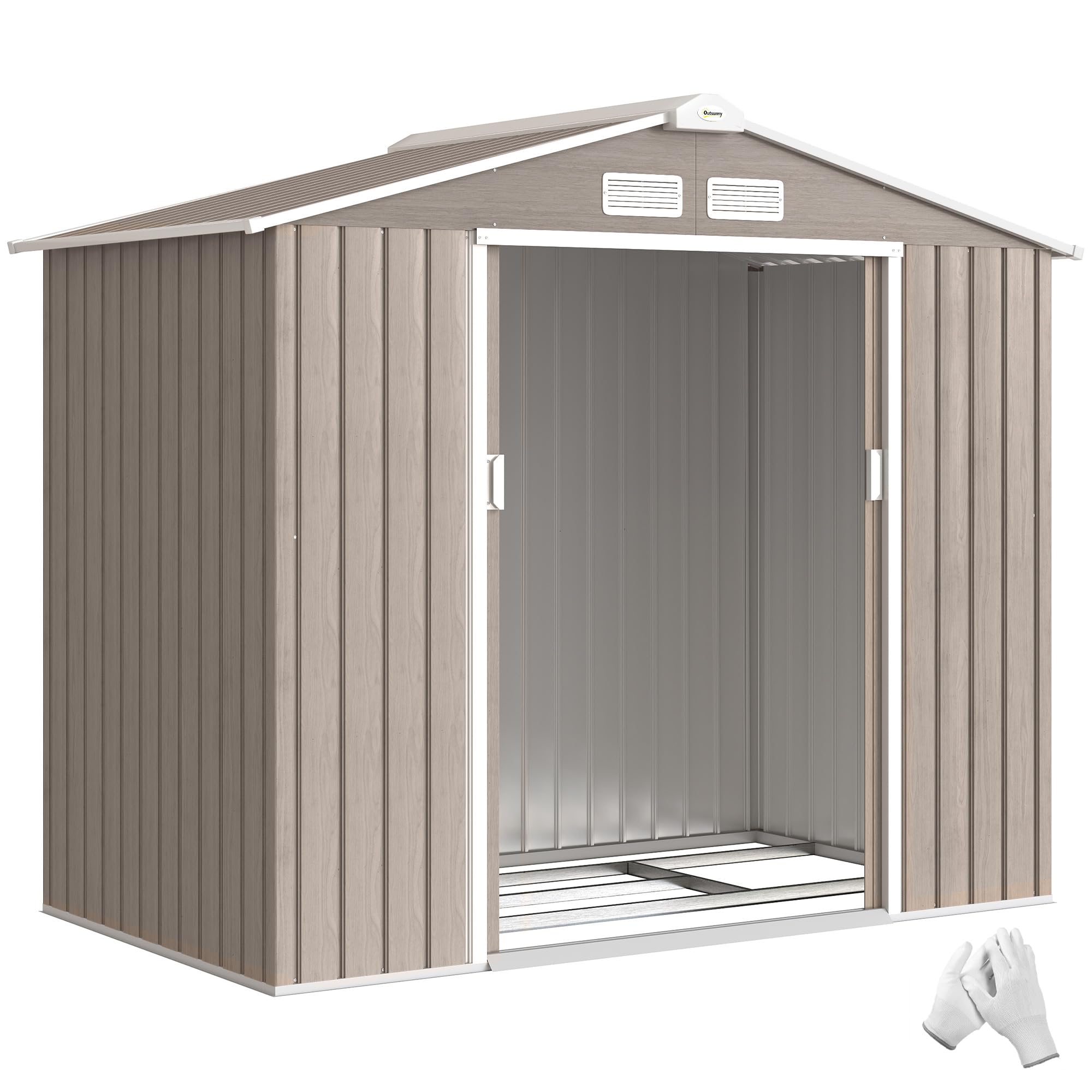 Outsunny Caseta de Jardín Exterior, 2,​5 m² 213x130x185 cm, Cobertizo de Jardín Exterior Metálico con 2 Puertas Correderas, Base Refuerzo (Suelo NO Incluido) y 4 Ventanas, Madera Natural