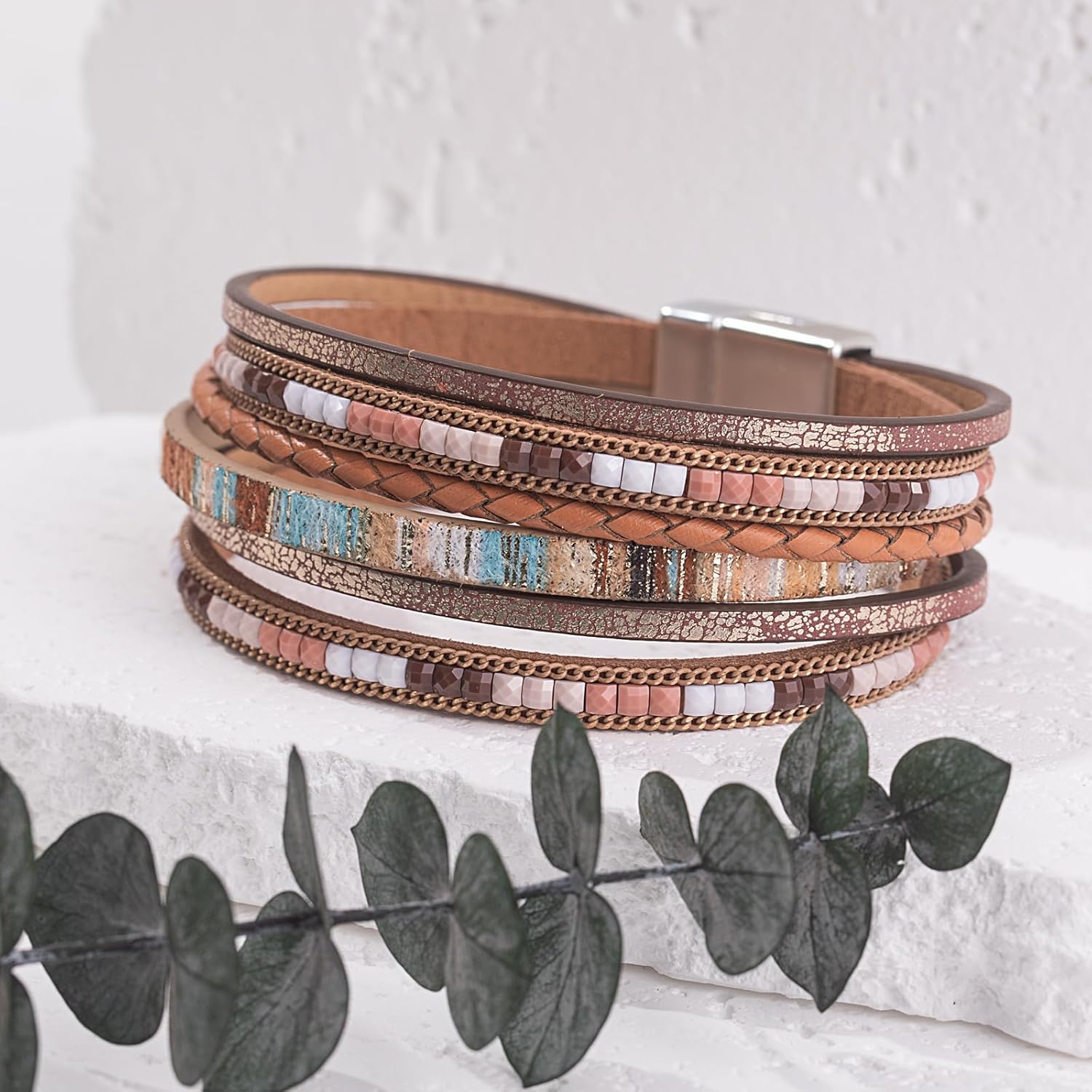 FANCY SHINY Boho Leather Wrap Bracelets Trendy Layered Bracelets with Magnetic Clasp Strackable Bohemian Jewelry Cowboy Cowgirl Chic Gifts for Women - Image 6