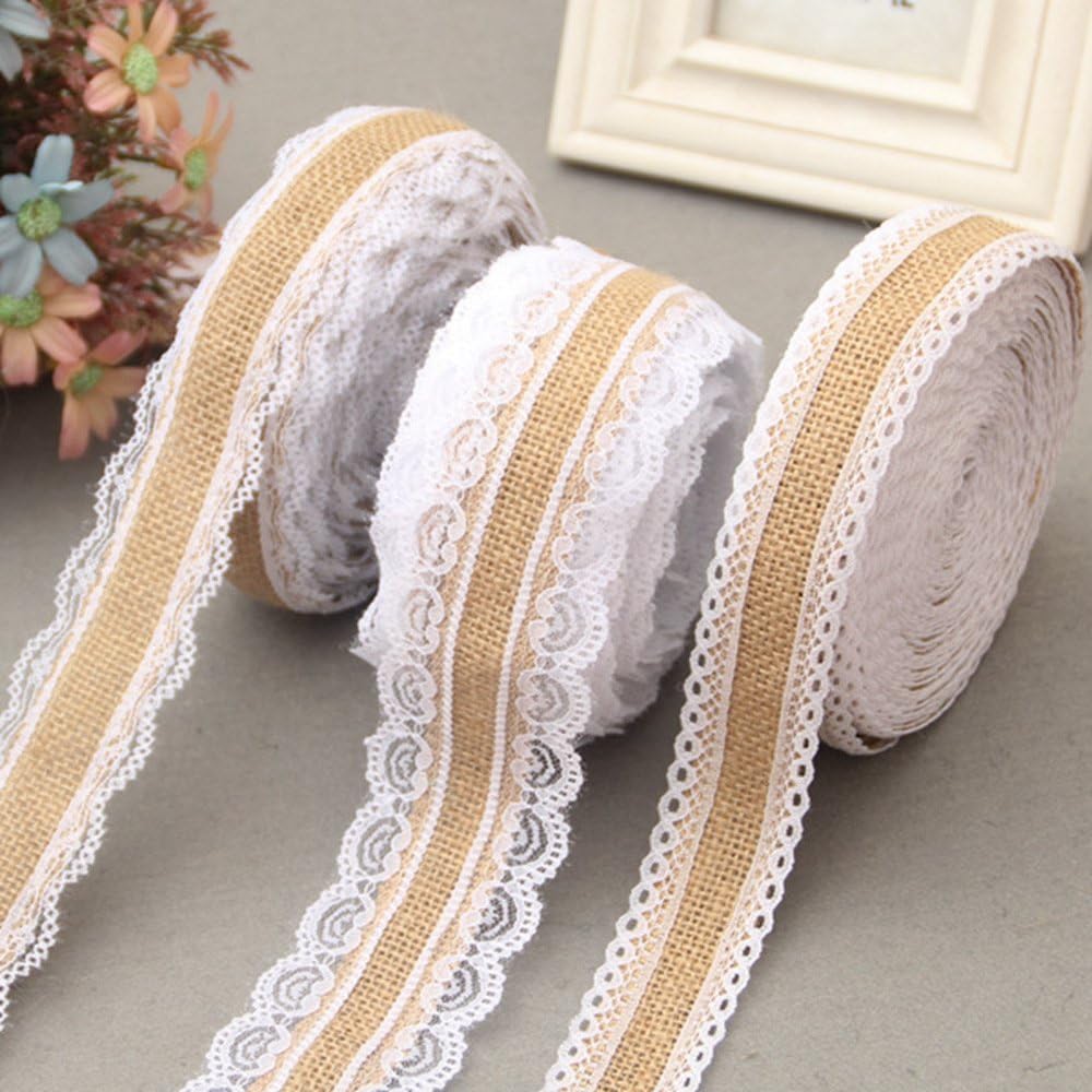 3 Piece Natural Vintage Canvas Hessian Jute Ribbon, Craft Ribbon with White Lace for DIY Handmade Wedding Craft, Lace Linen, Burlap Craft Ribbon Roll with White Lace 200 cm