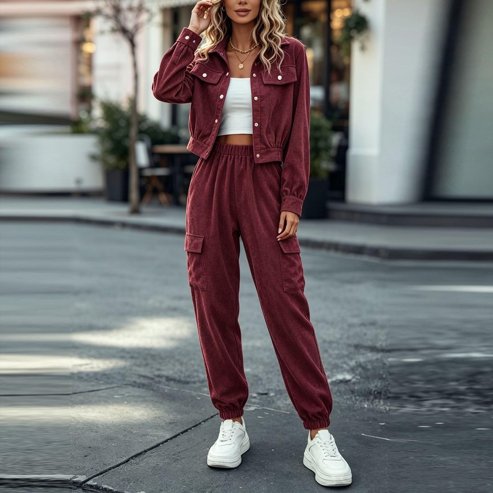 Damen Cord Set Zweiteiler Jacke Hose Freizeitanzug Casual Loungewear