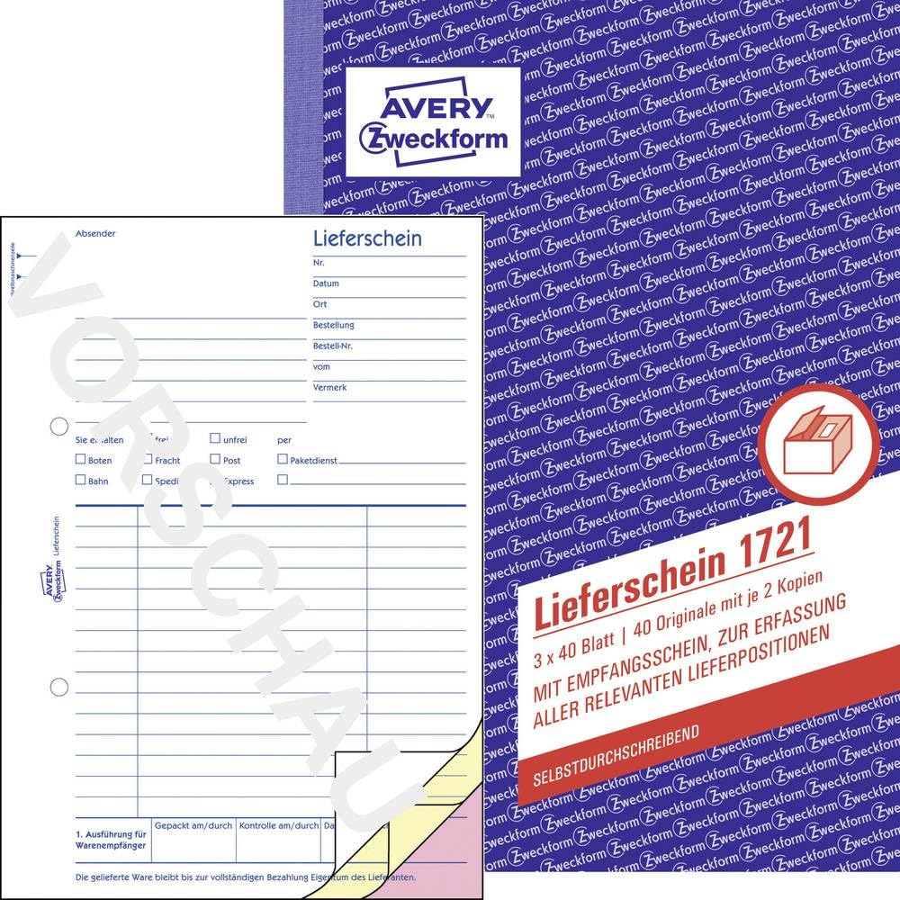 Avery Zweckform 1721 mit Empfangsschein, DIN A5, mit Empfangsschein Delivery Note 3 x 40 Sheets, White, Yellow, Pink