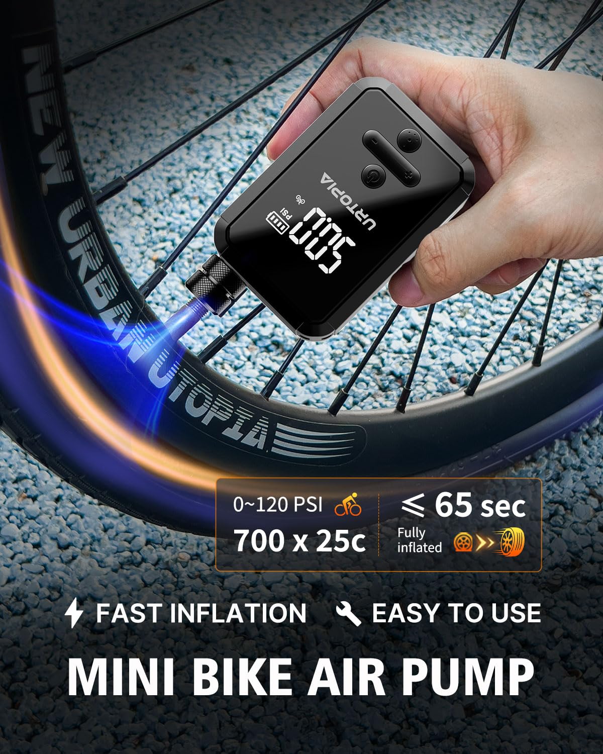 URTOPIA Bomba eléctrica para bicicleta, bomba de aire de inflado rápido con manómetro, hasta 150 PSI, disipación eficiente del calor, recargable, con luz LED brillante, bomba de bicicleta portátil