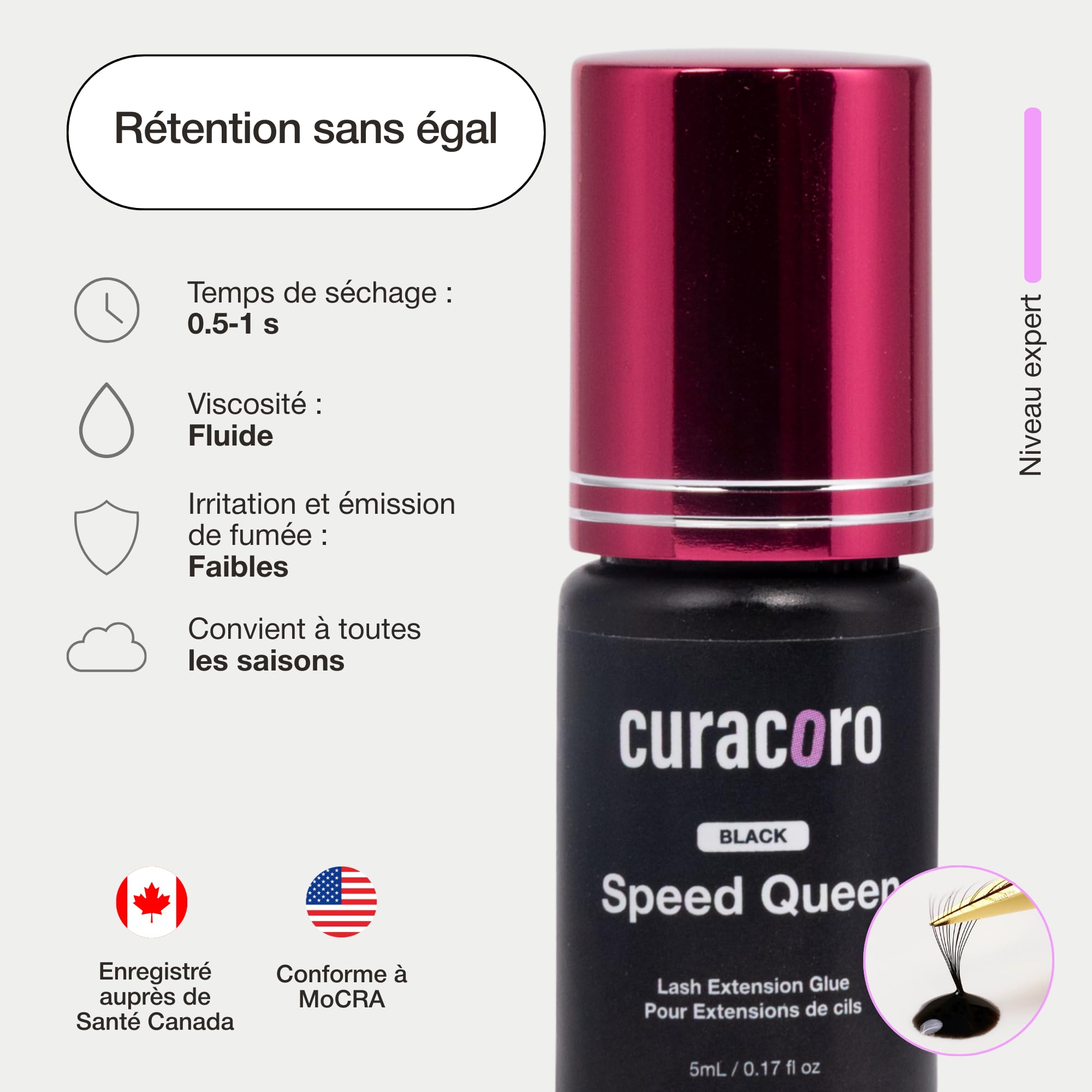 Curacoro colle à cils professionnelle – Extra forte, noir intense, temps de séchage 0,5-1 s, 5 ml – Réservée aux techniciens des cils formés