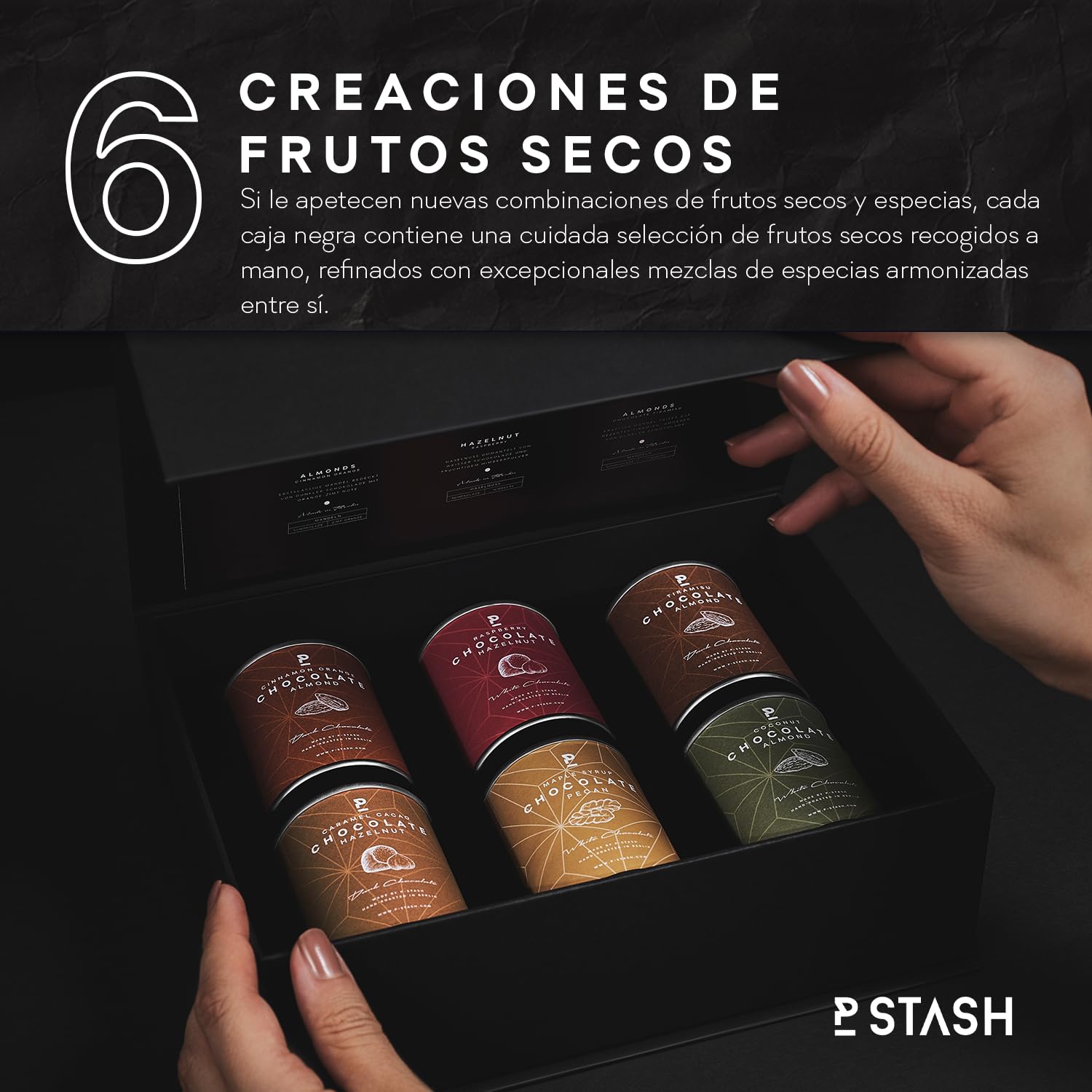 P-Stash Black Box Mix de Frutos Secos Chocolate Dream – Caja de 6 – Nueces pecanas, Avellanas & Almendras – Frutos secos con chocolate y especias únicas, tostados a mano en Berlín
