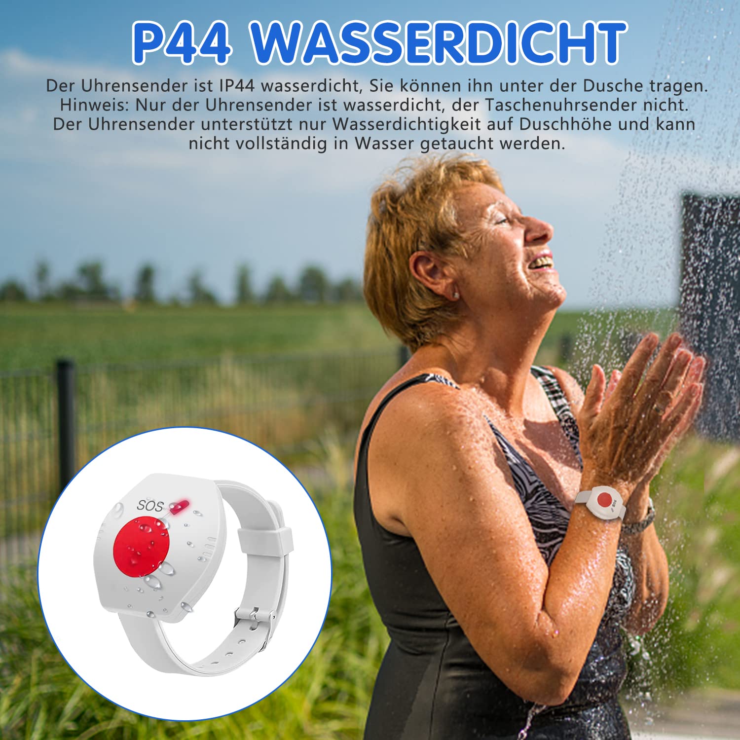 Notrufknopf für Senioren, Senioren Notruf Armband mit 4 Lautstärkestufen, Notrufarmband Notfallknopf für Senioren mit 52 Klingeltöne, Notfallklingel für Senioren mit 2 Sendern und 1 Empfänger