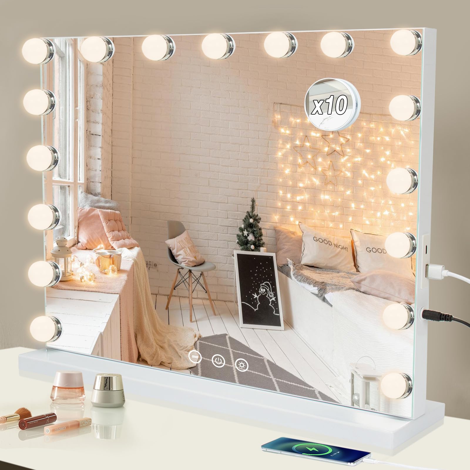Puselo Hollywood - Specchio da trucco con illuminazione, 17 luci dimmerabili, 60 x 50 cm, specchio cosmetico con 3 modalità di illuminazione e USB, controllo touch, specchio per il trucco
