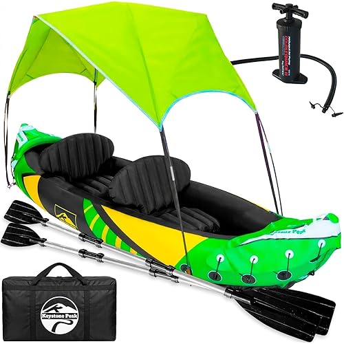 Inflatable Kayak 2 Person with Detachable Sun Canopy – Heavy-Duty Tandem Kayak for Adults – Reinforced Paddles, Waterproof Phone Bags, Adjustable Seats, Extra Seat for Dog or Child