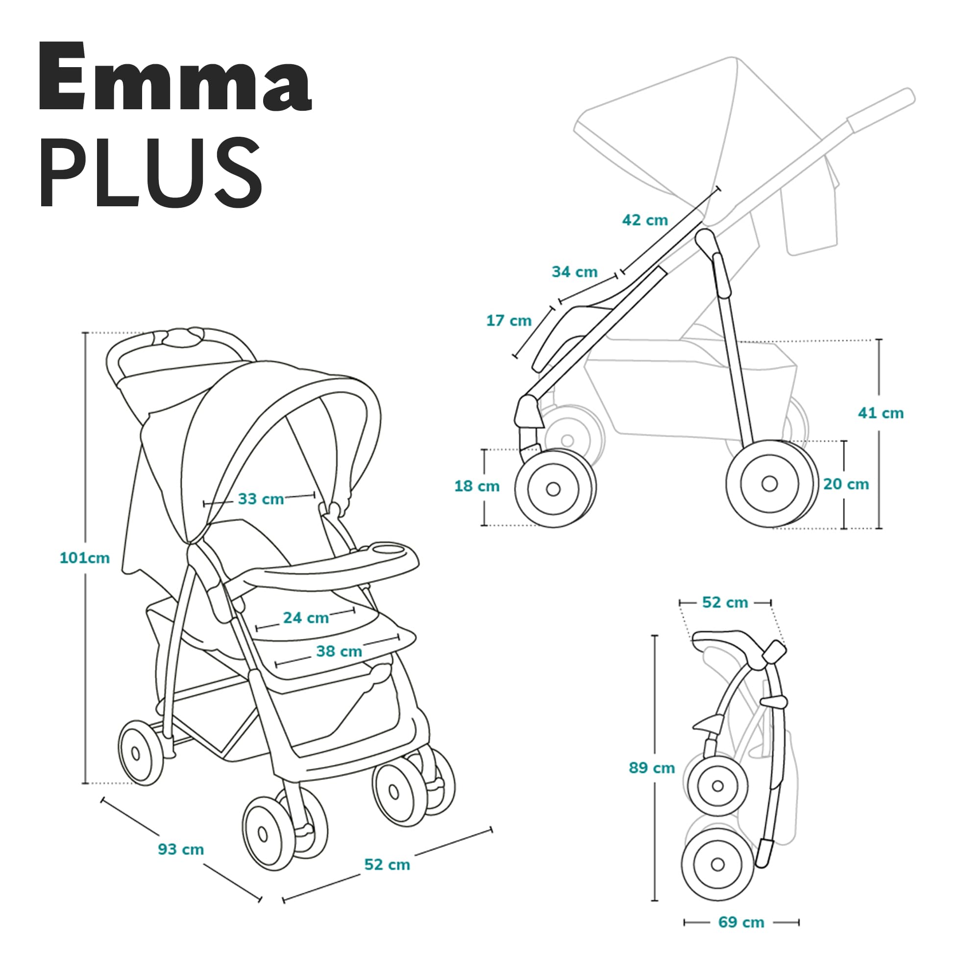 LIONELO Emma Plus Kinderwagen bis 15 kg, Buggy mit Liegeposition, zusammenklappbar, große Räder, großer Korb