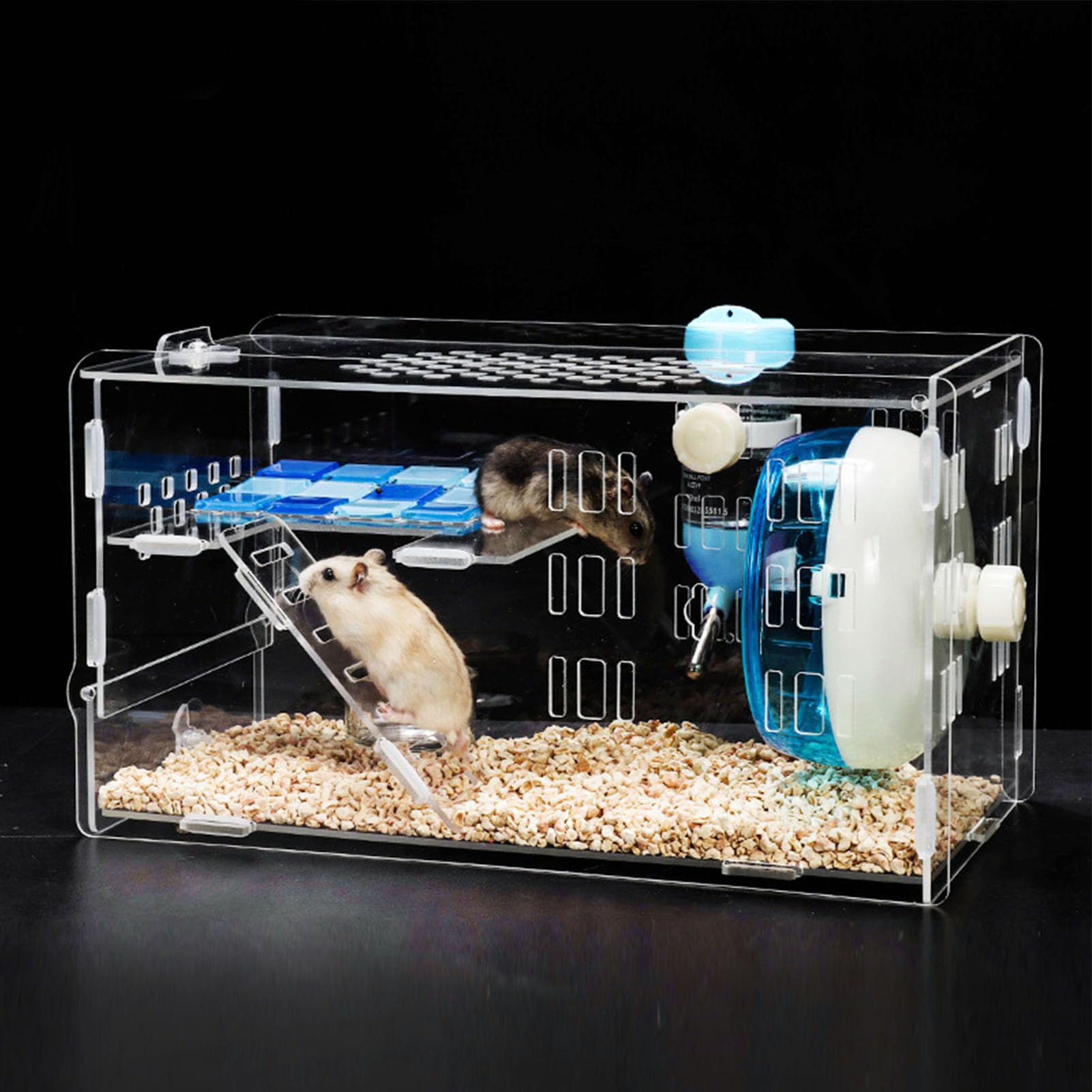 Cage à Hamster en Acrylique, Design Transparent, avec Roue d'exercice silencieuse, Espace de Vie spacieux, Fournitures complètes pour Petits Animaux, Hamsters Nains, Gerbil