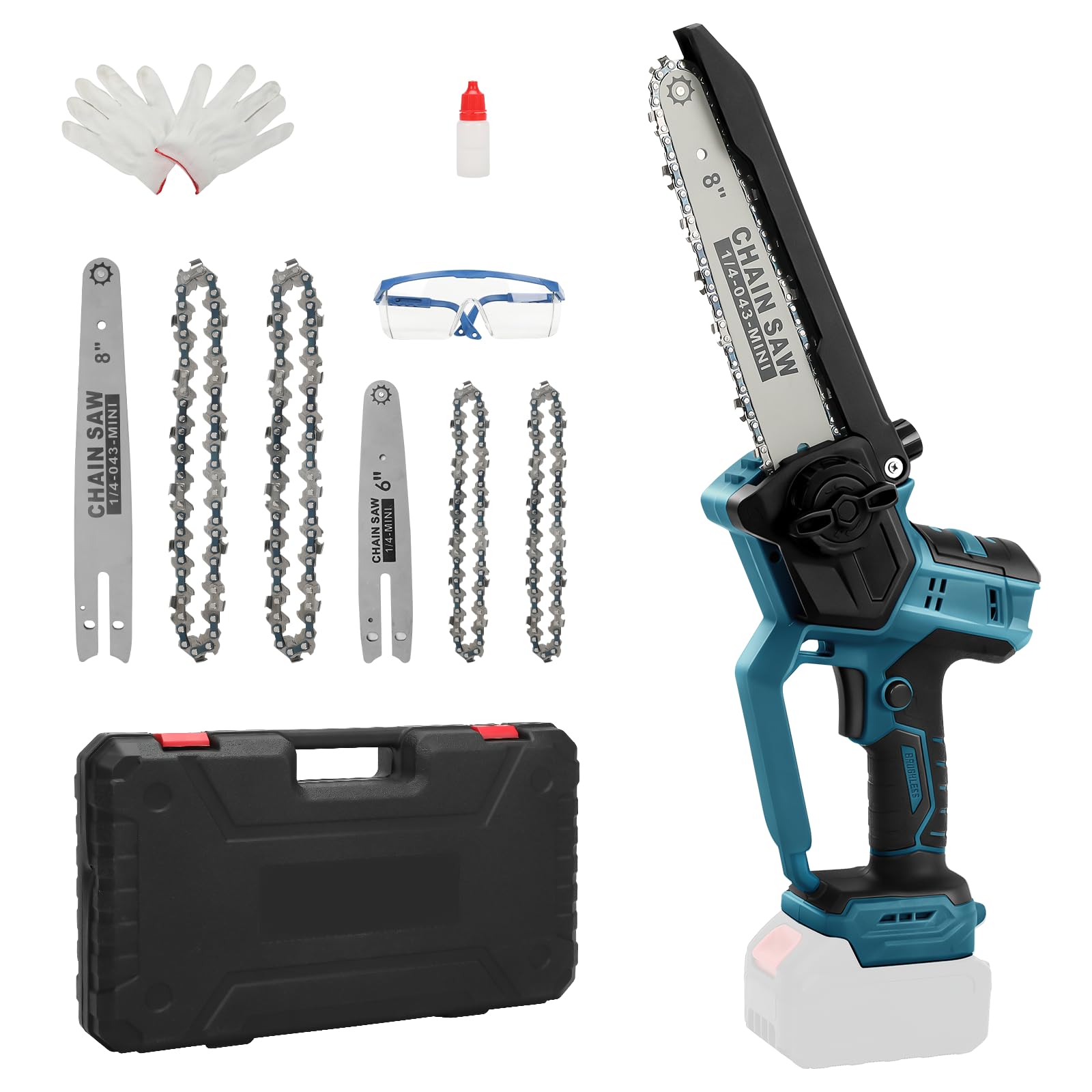 Motosierra Inalámbrica 8 y 6 Pulgadas para Makita 18V (sin Batería) | Mini Motosierra sin Escobillas, Lubricación Automática de Cadena, 2 Placas, 4 Cadenas, Guantes, Gafas y Maletín