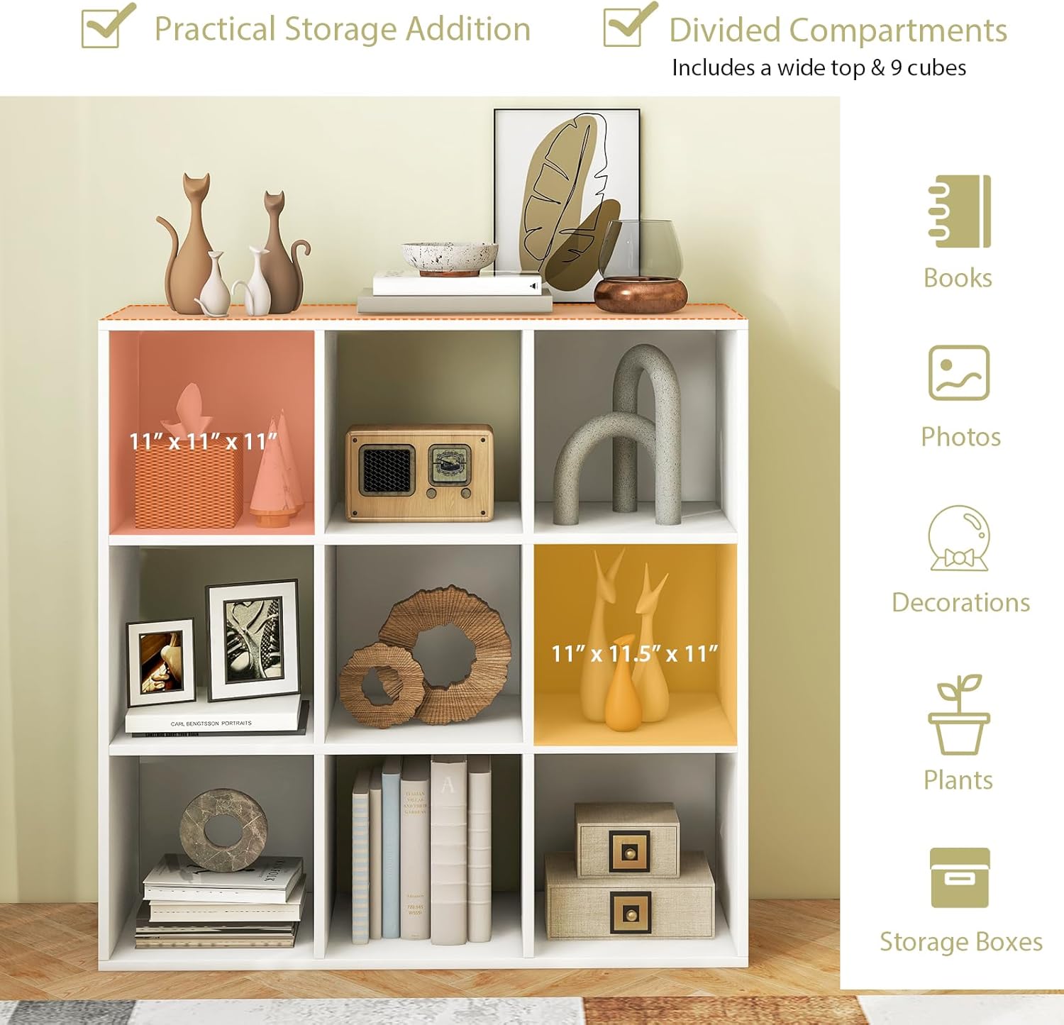 Giantex 9-Cube Bookcase, 4-Tier Freestanding Wooden Bookshelf with 2 Anti-Tipping Kits, Modern Wood Book Case, Open Cube Storage Organizer for Living Room, Kids Room, White