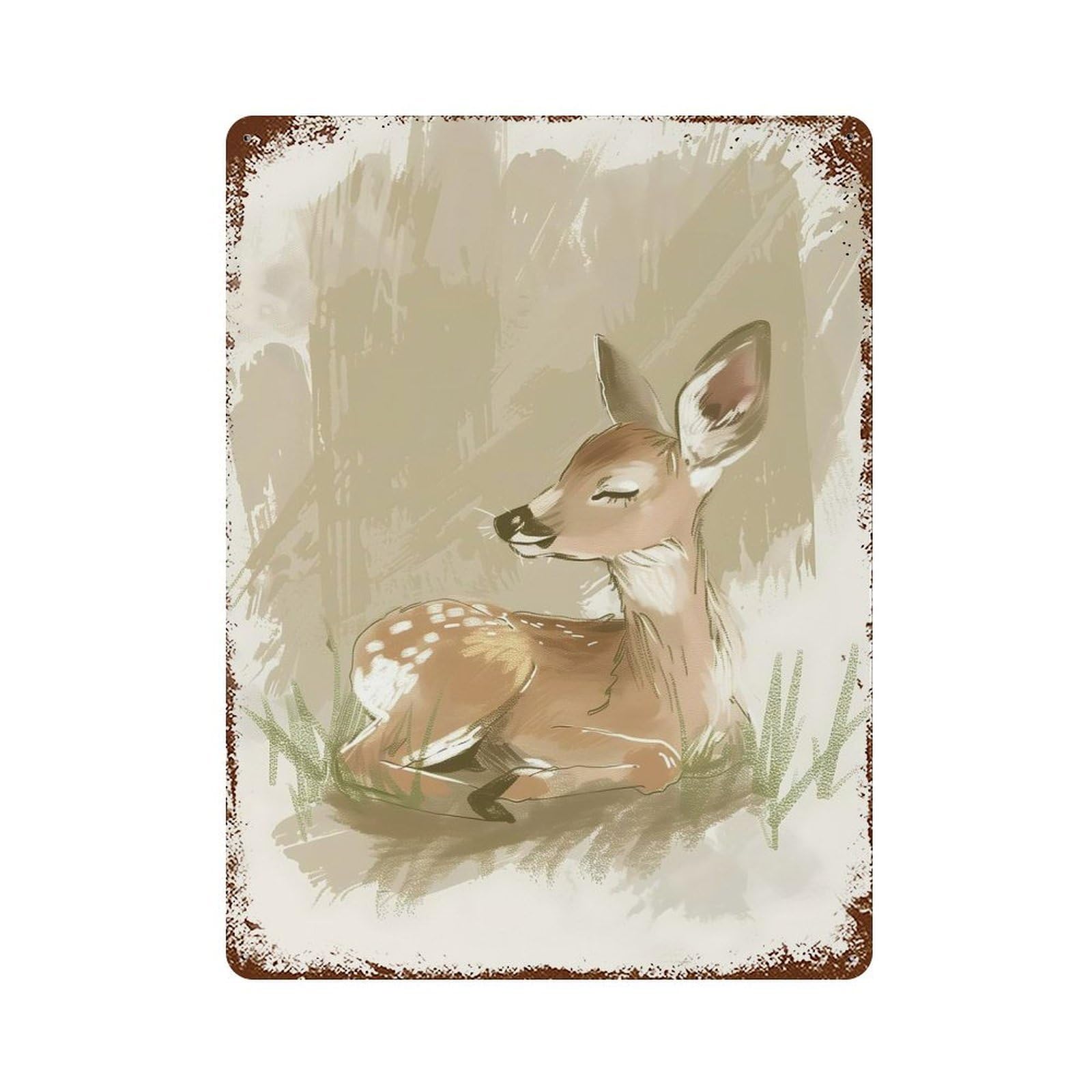 Sleeping Baby Deer Nursery Illustration Rusty Metal Tin Sign 15.7"x11.8", for Basement, Hobby Room And Garage Decor, Retro Wall Decor