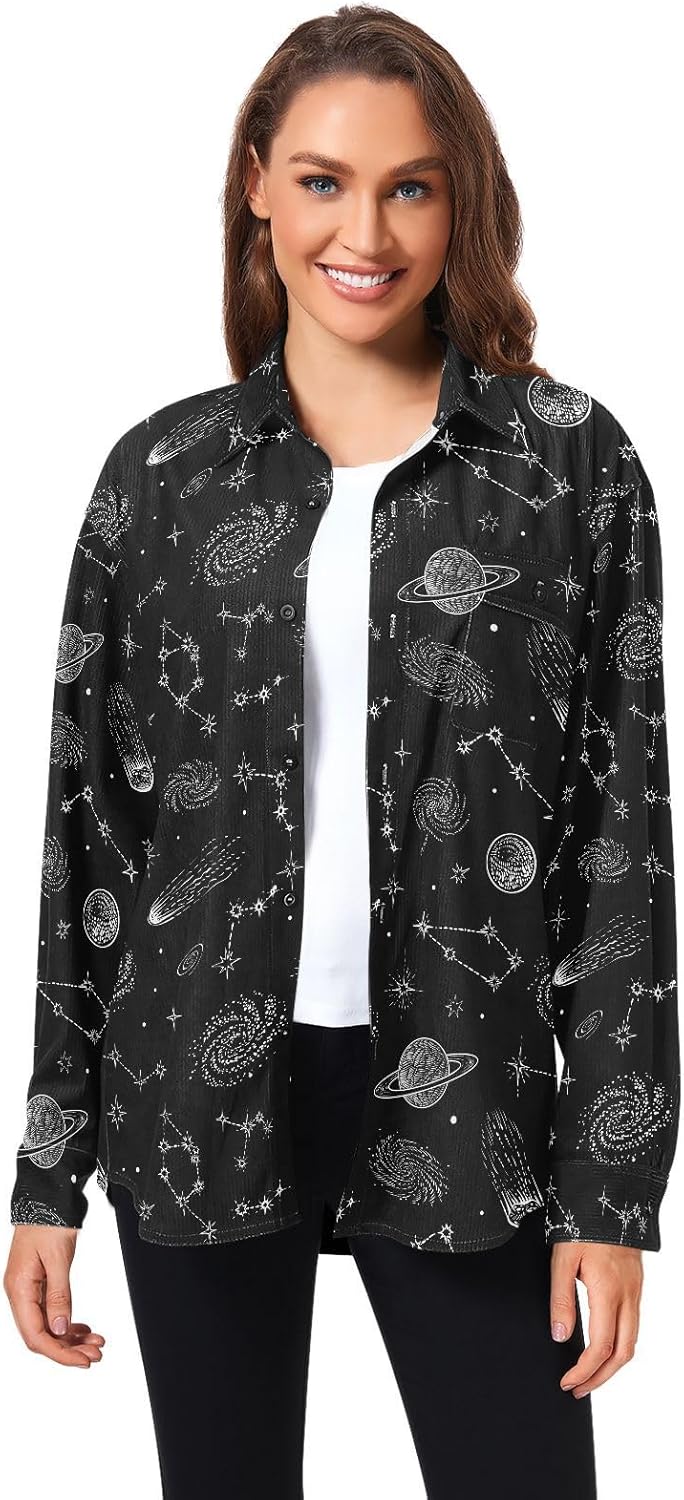 Unisex Men's and Women Corduroy Shirts Space Galaxy Constellation Button Down Casual Long Sleeve Jacket Blouse