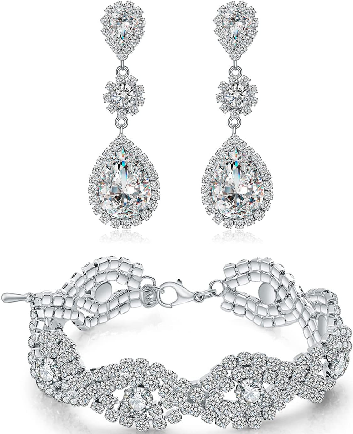Silver/Gold Plated Bridal Wedding Rhinestone Earrings Bracelet Set for Wedding Brides Bridesmaids Crystal Stone Dangle Drop Earrings Link Tennis Bracelet Set for Women Wedding