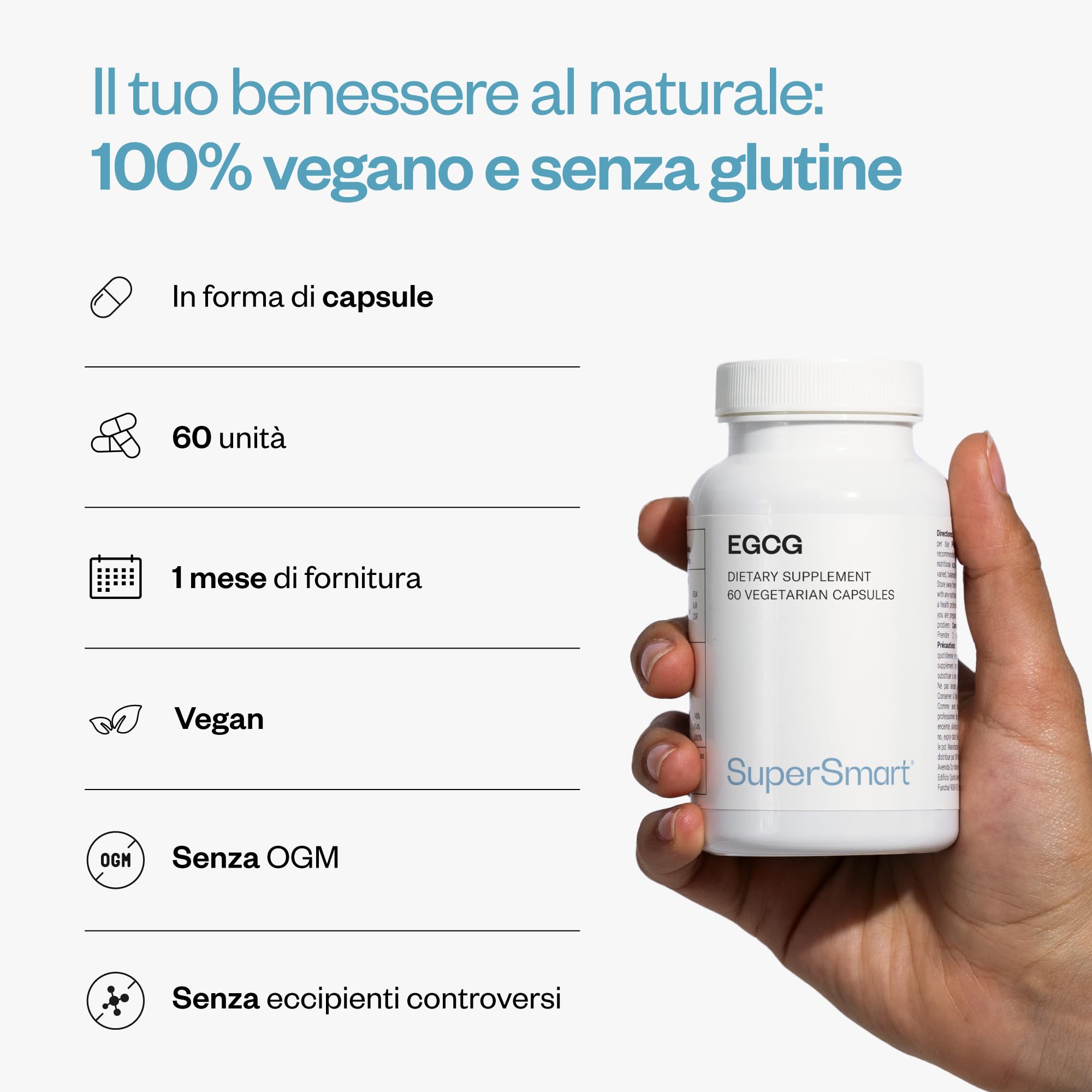 EGCG - Aiuta la digestione - Estratto di tè verde standardizzato al 70% EGCg - Vegano - Senza glutine - Supersmart