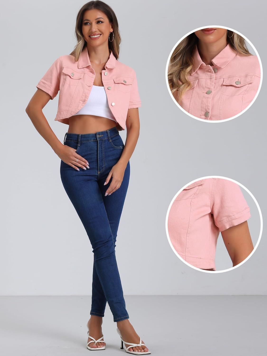 Allegra K Casual Denim Jacket for Women's Turndown Collar Short Sleeves Crop Jean Jackets - Image 4