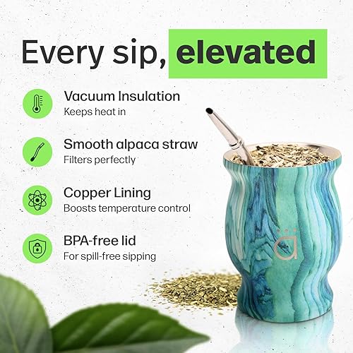 Vista 37 de Kalmateh Modern Yerba Mate Gourd - Doble pared 18/8 de acero inoxidable - Incluye bombilla y un cepillo de limpieza - 9 oz, 9.1 fl oz (mármol)