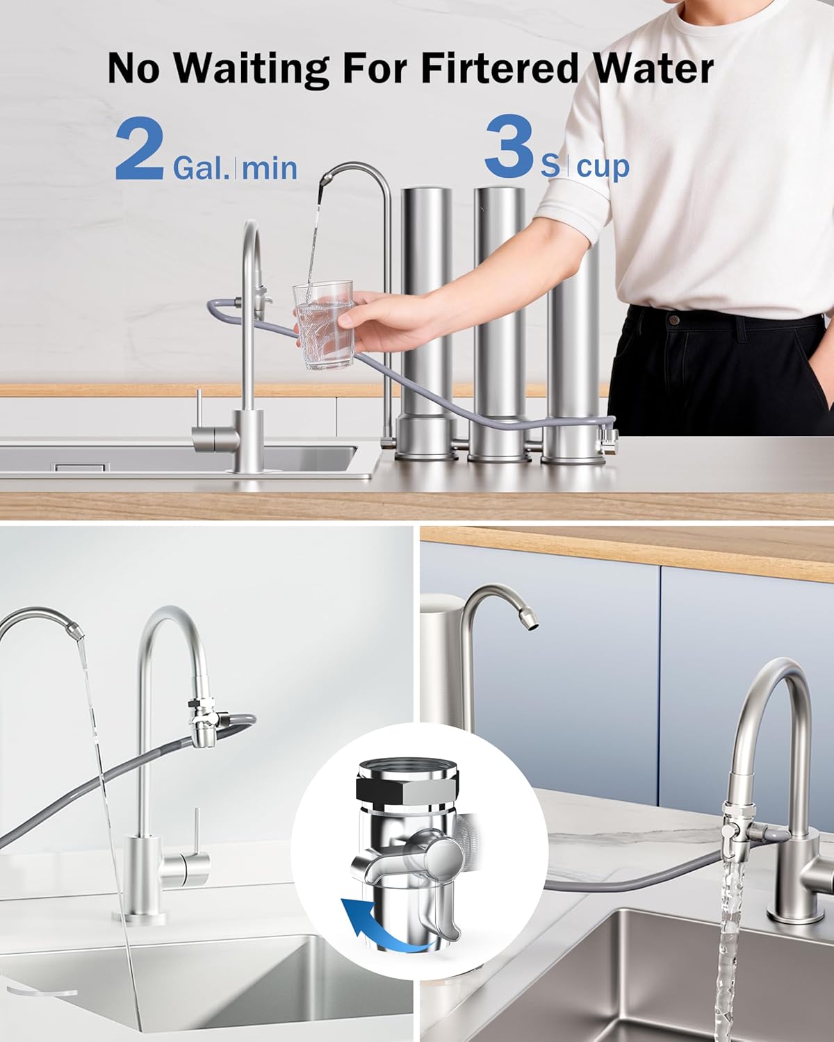 Frizzlife TS99 Countertop Water Filter System, NSF 42&372 Certified 9-Stage Stainless Steel Faucet Water Filtration, 0.5 Micron Elements Reduces 99.99% Lead, Chlorine, Heavy Metals, Bad Taste & Odor