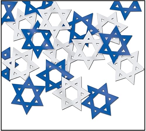 Beistle Confeti de plástico metálico azul y plateado de 1.5 onzas de estrella de David para celebraciones judías y decoraciones de Hanukkah