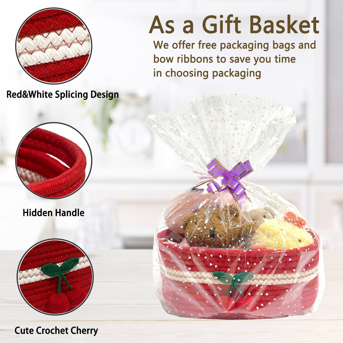 SHIANCE&LI Small Woven Basket Cute Cotton Rope with Handles Gift Oval For Storage Baby Dog Toy Room Basket 12"x 8" x 5" Decorative Basket(Cherry,S)