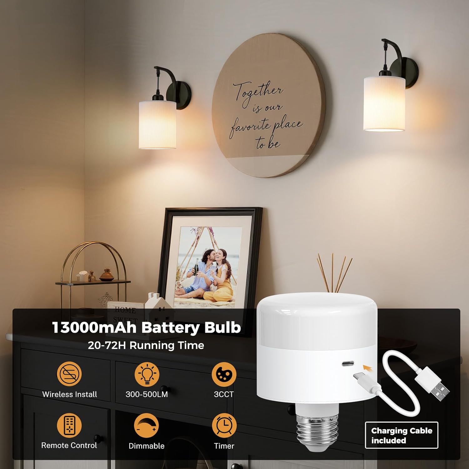 Battery Operated Wall Sconce, Pleated LampShade Rechargeable Sconces with 13000mAh Bulb, Cordless Wall Sconces Set of 2, Battery Powered Hanging Lamp/Lights for Bedroom, Black