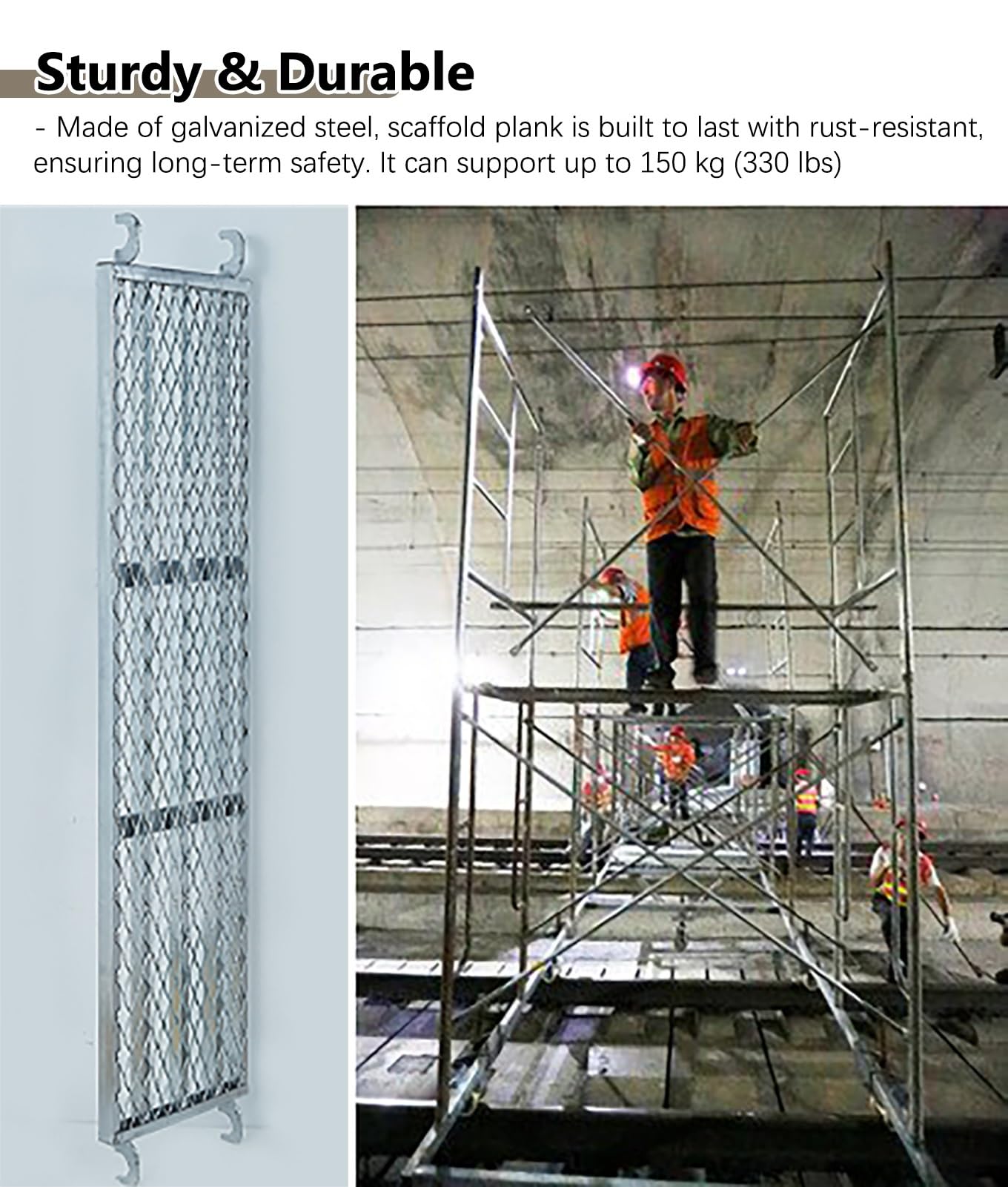 Andamio Plataforma de Andamio de 170 cm de Largo para Construcción, Tablero de Andamio con Soporte Transversal y Gancho, Plataforma de Trabajo de Red Antideslizante, Banco de Torre