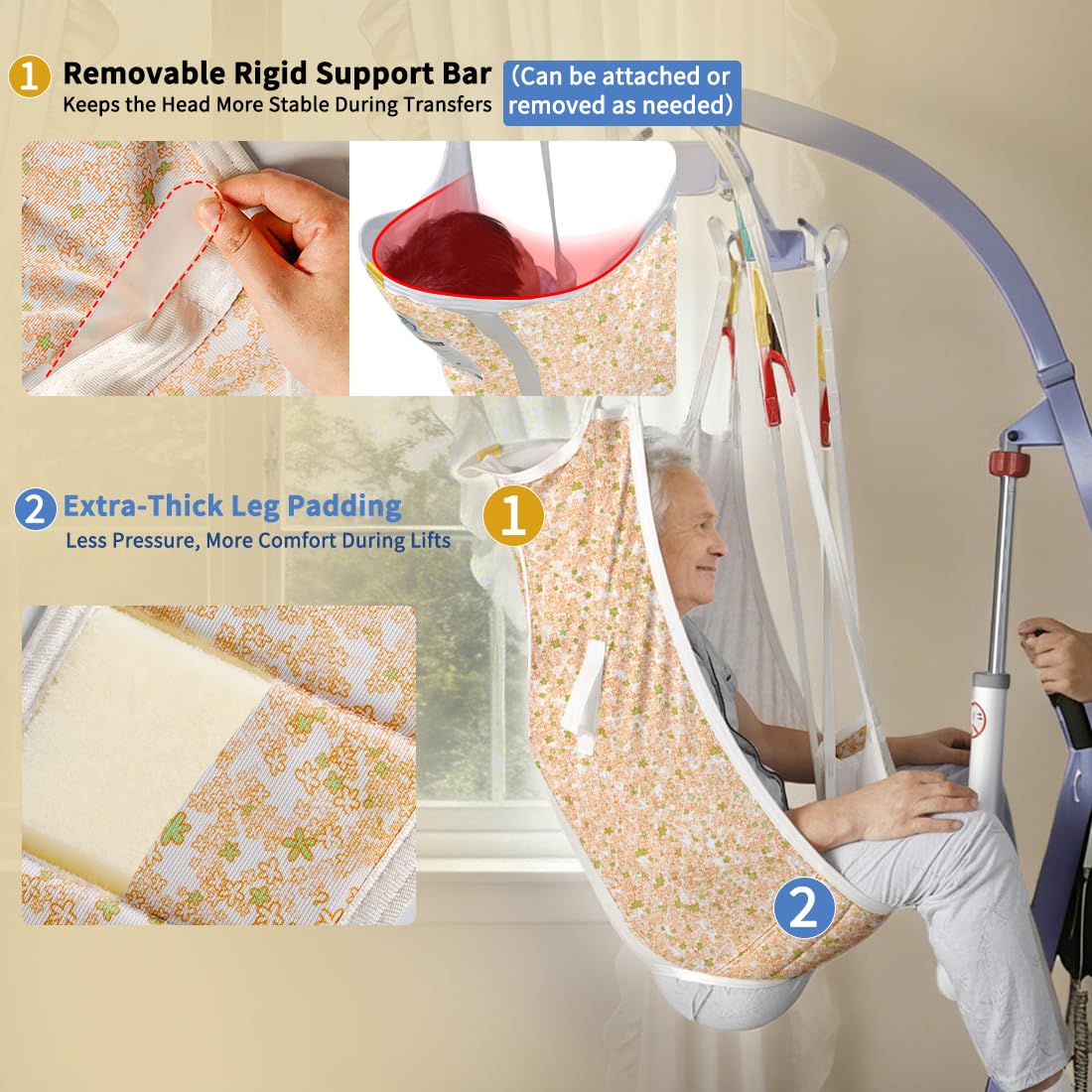 Divided Leg Patient Lift Sling with Head Support,Padded U-Sling for Transfer & Hygiene Access,4-Point Sling for Home Care & Nursing Facilities,500 lbs (Yellow Floral, Large)