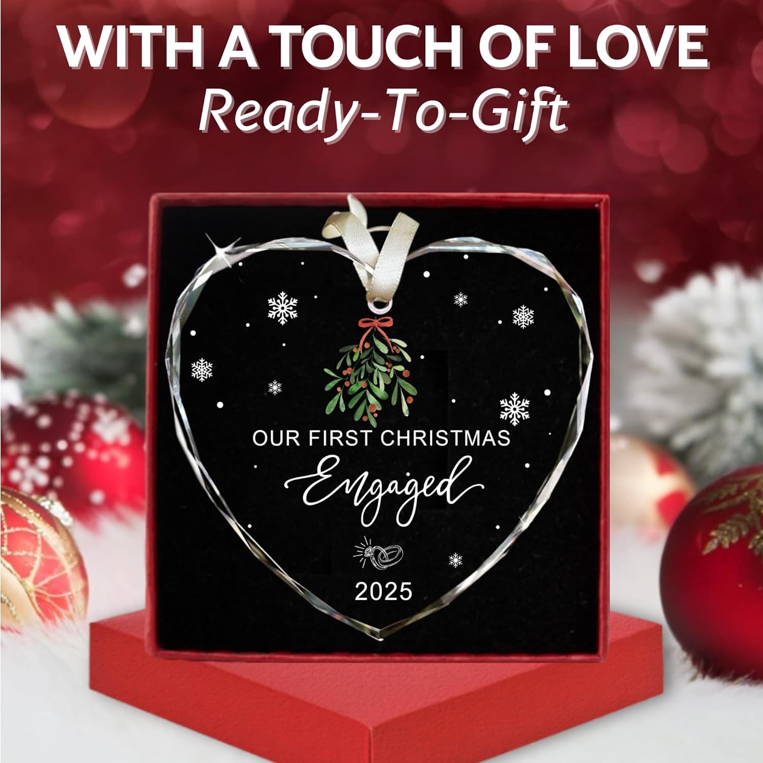 First Christmas Engaged Heart Shaped Glass Ornament 2025 - Engagement Gifts for Couples 2025, Gift for Newly Engaged Couples, Happy Engagement Gift for Her, Women, Friends, Bride to Be Gifts - Image 3