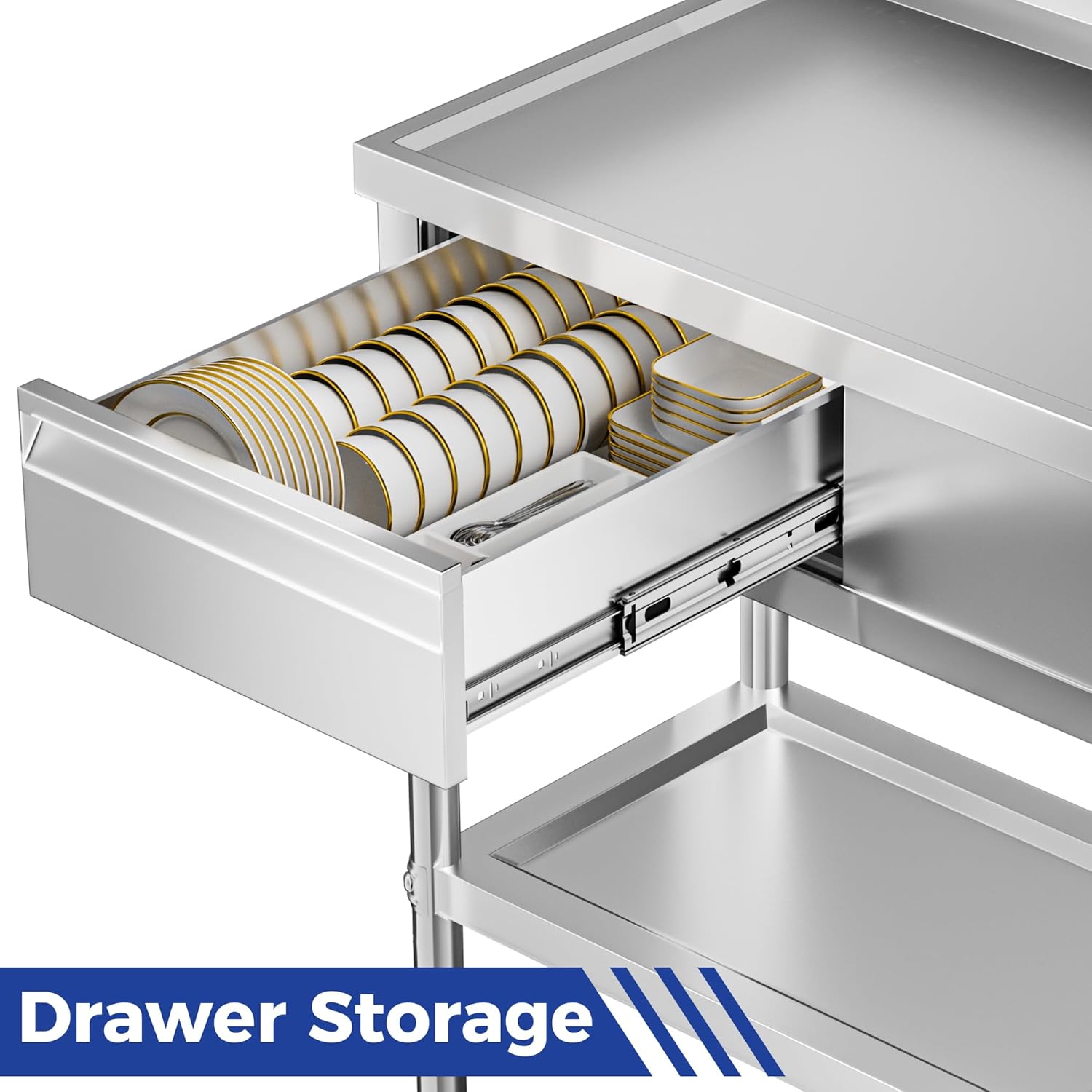 Stainless Steel Sink with Cold and Hot Water Pipes, Free Standing Single Bowl Commercial Kitchen Sink W/Workbench & Storage Shelf, Faucet For Laundry Room, Farmhouse, Indoor/Outdoor(47 inch)