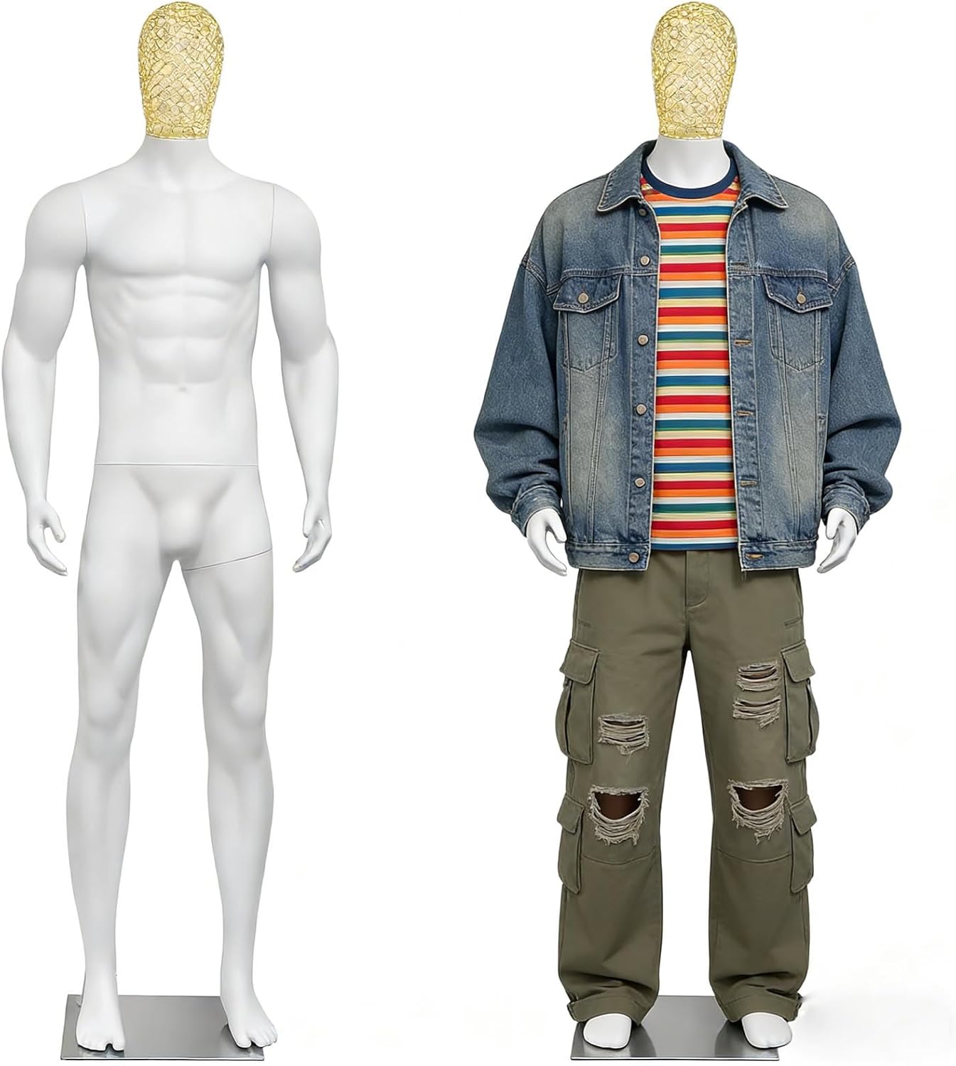 Male Full Body Mannequin Dress Form Manikin, 78" Maniquins Torso Realistic Mannequin Torso with Metal Stand, Easy Assemble, White Body Gold Head