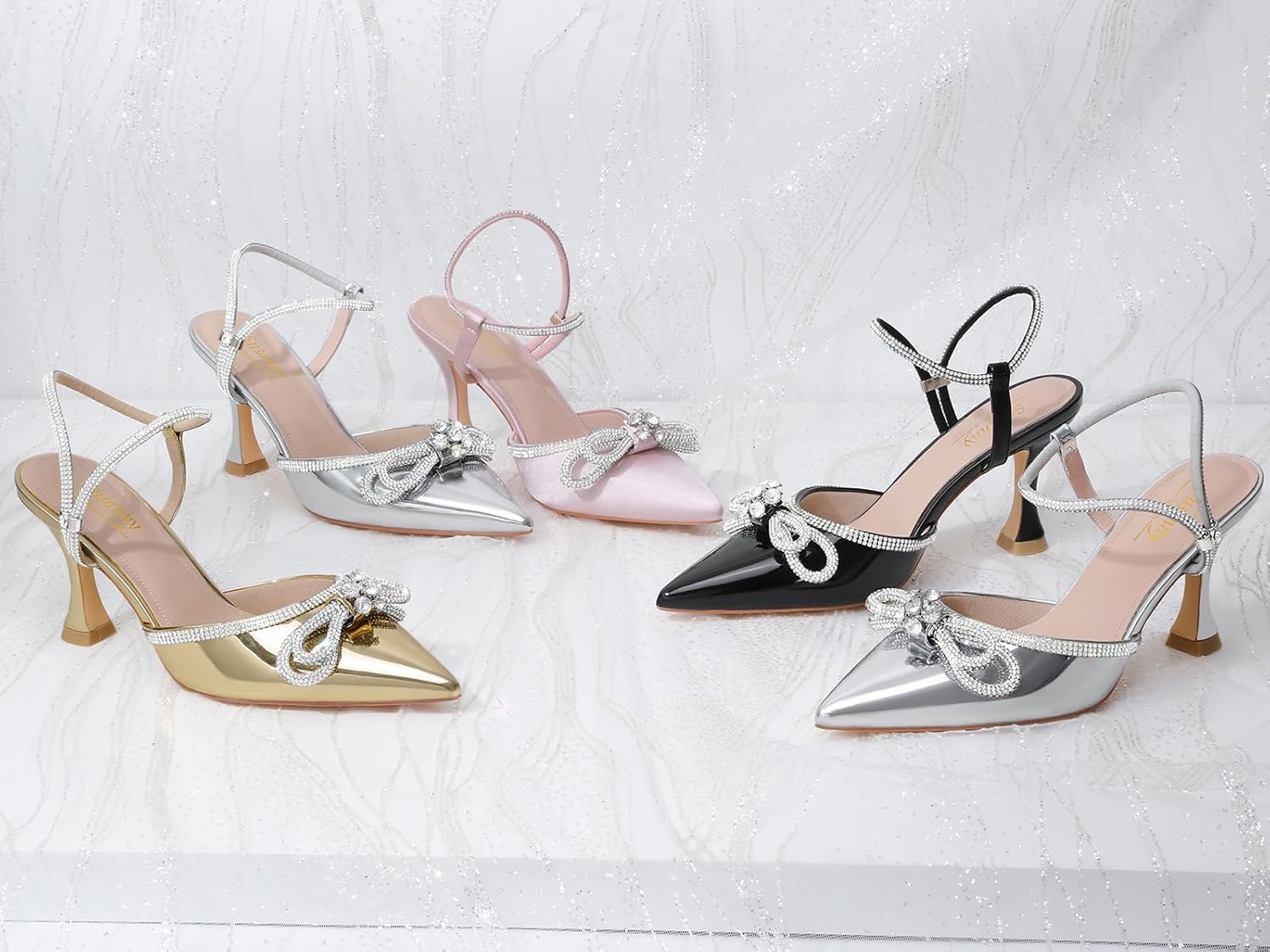 Susanny Women's Closed Toe Rhinstone Wedding Low Heel Slingback Clear Kitten Heels,Adjustable Strap Pointed Toe Bow Pumps High Heeled Prom Dress Shoes - Image 6