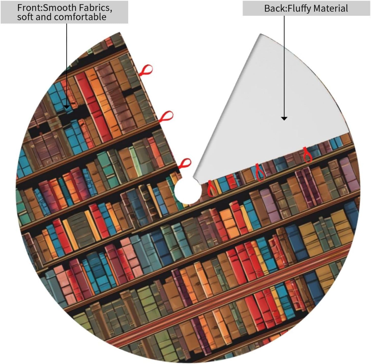 Library Bookshelf Christmas Tree Skirt with Ties - Double Layer Holiday Tree Mat with Non-Slip Bottom for Xmas Decorations