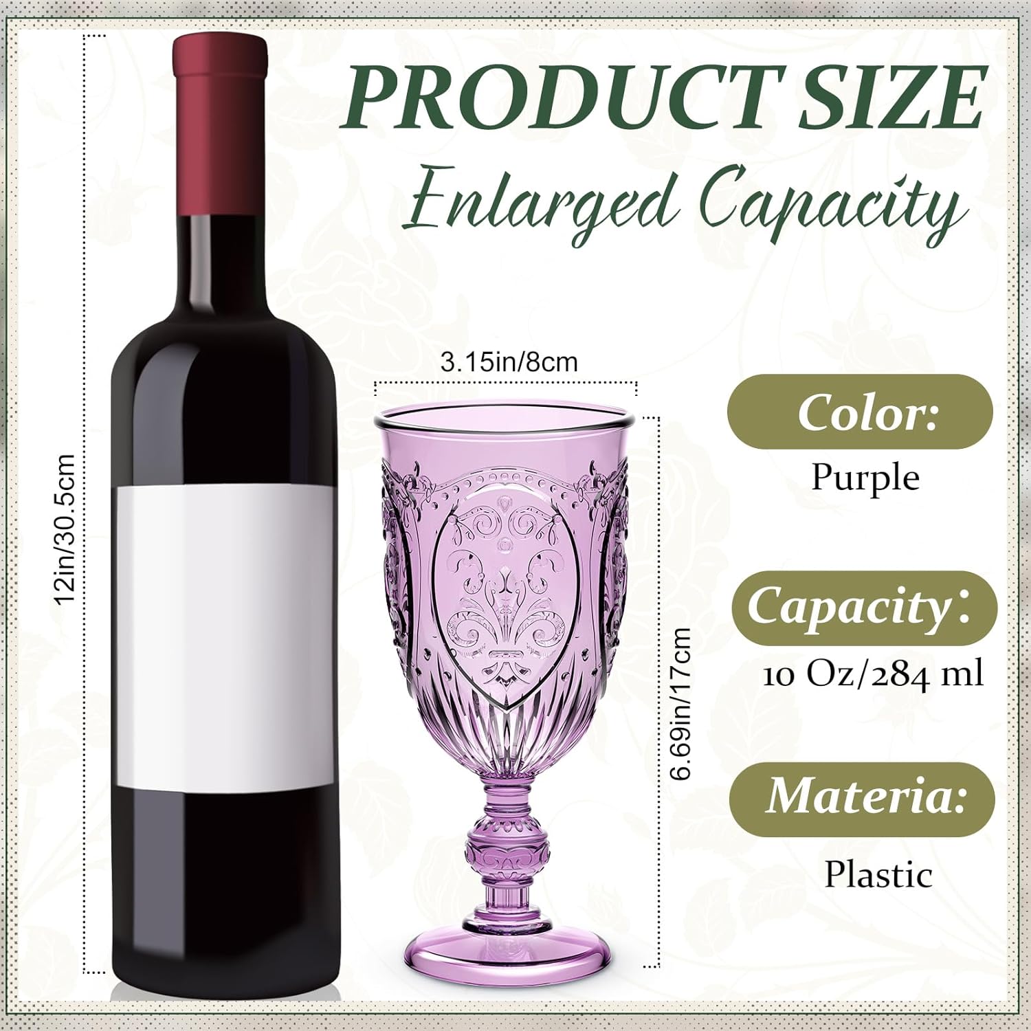 18 Pack Plastic Goblets 10oz Upgrade Vintage Water Goblet Plastic Wine Glasses Colored Retro Embossed Glassware for Party Wine Bar Juice Baby Shower Wedding Reception Grand (Purple) - Image 2