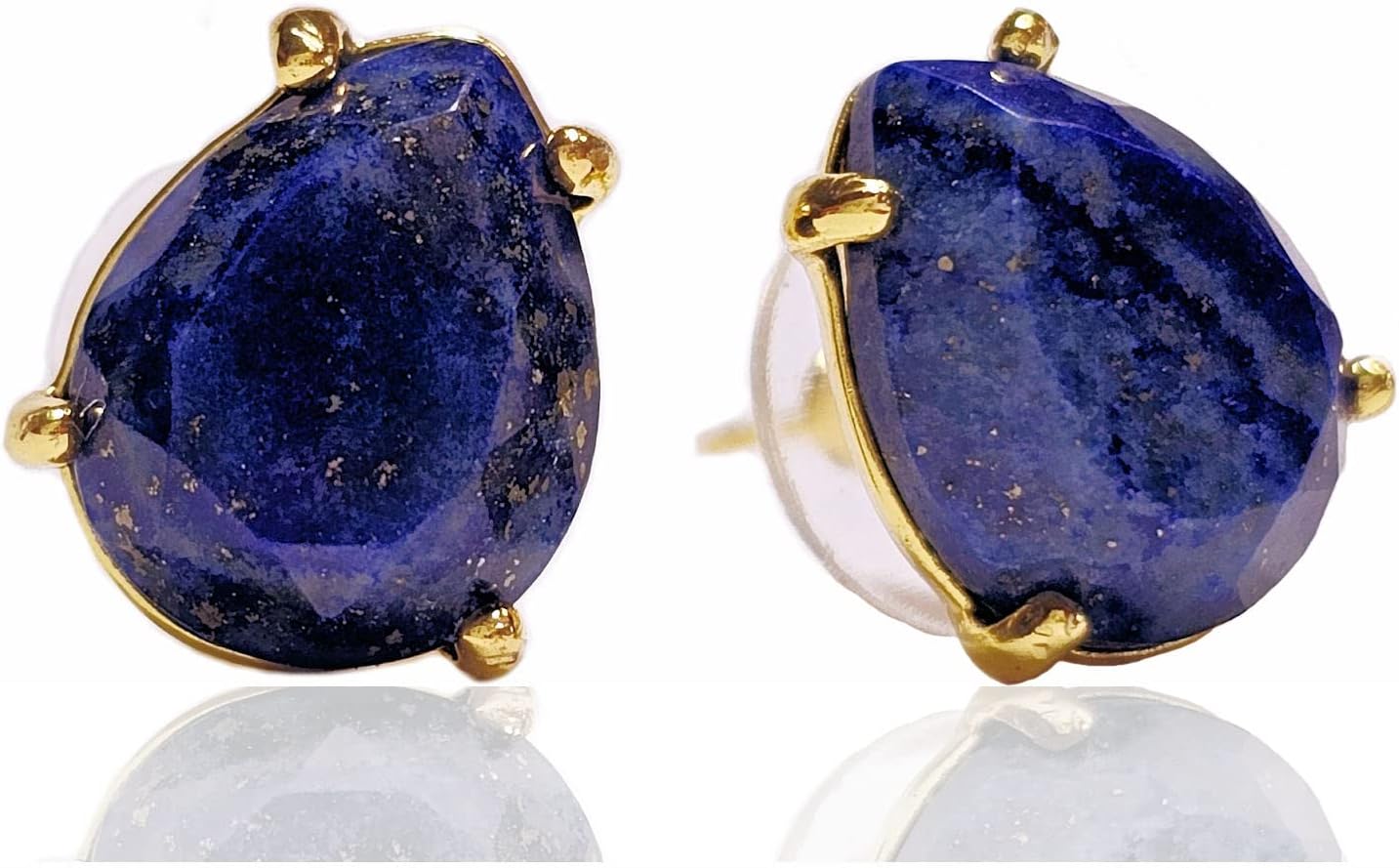 Pear Shape Faceted Gemstone Stud Earrings — 14K Gold Plated; Genuine Jade, Lapis, Rose Quartz, Turquoise, Tiger Eye, Onyx Options — Hypoallergenic Gift for Women