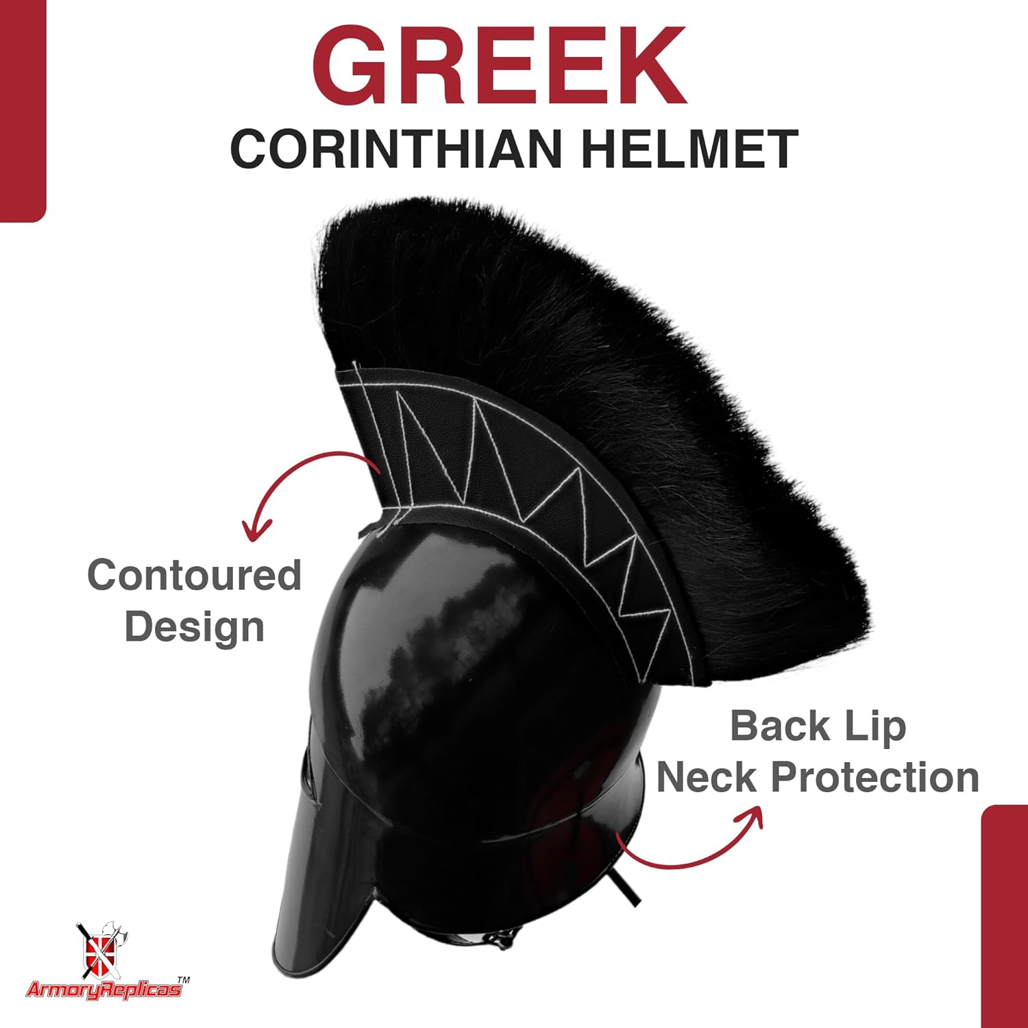 Armory Replicas™ - Dark Legionnaire Greek Corinthian Helmet - Authentic 18 Gauge Steel, Black Finish, 9-inch Natural Horse Hair Plume - Comfortable with Leather Suspension Liner