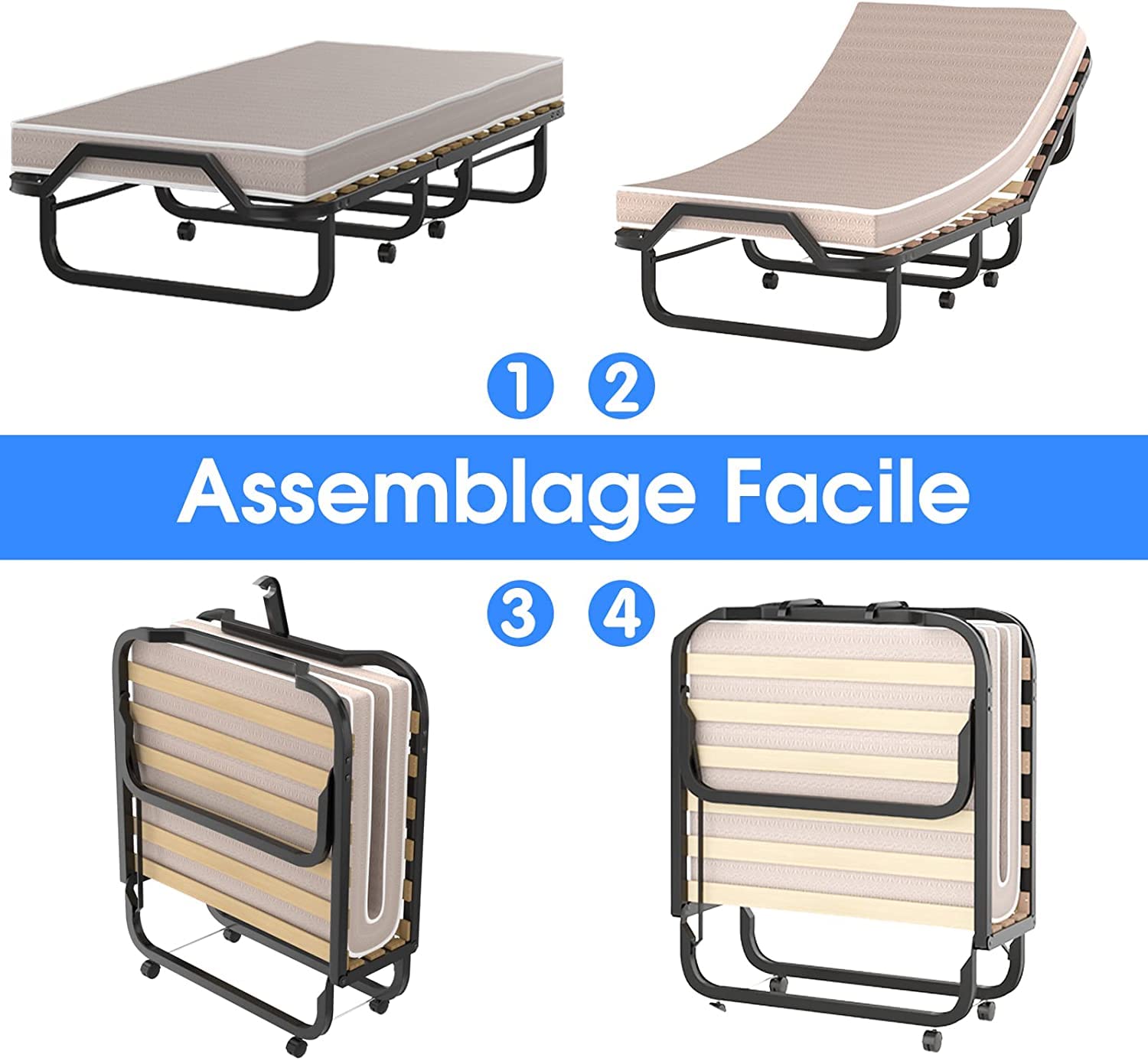 GOPLUS Lit Pliant 1 Personne 90x200CM, Lit Pliant Adulte avec Matelas en Mémoire 10 cm Orthopédique,Charge 130KG, Lit Pliable 1 Personne pour Invités et Othopédiques (Blanc)