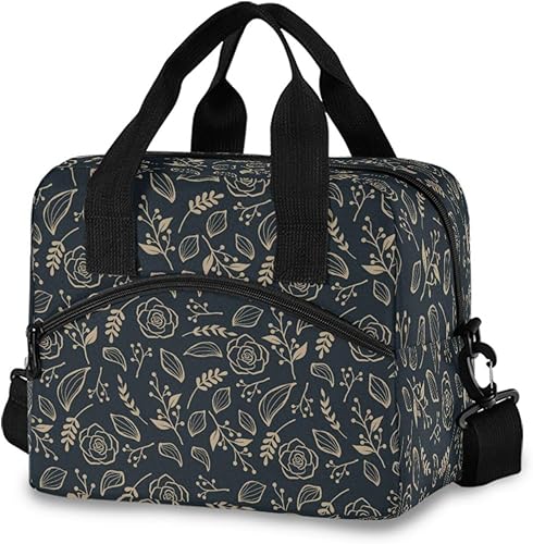 Lonchera aislada para mujeres y hombres, color negro, floral, rosa, a prueba de fugas, reutilizable, bolsa de mano con correa ajustable para el