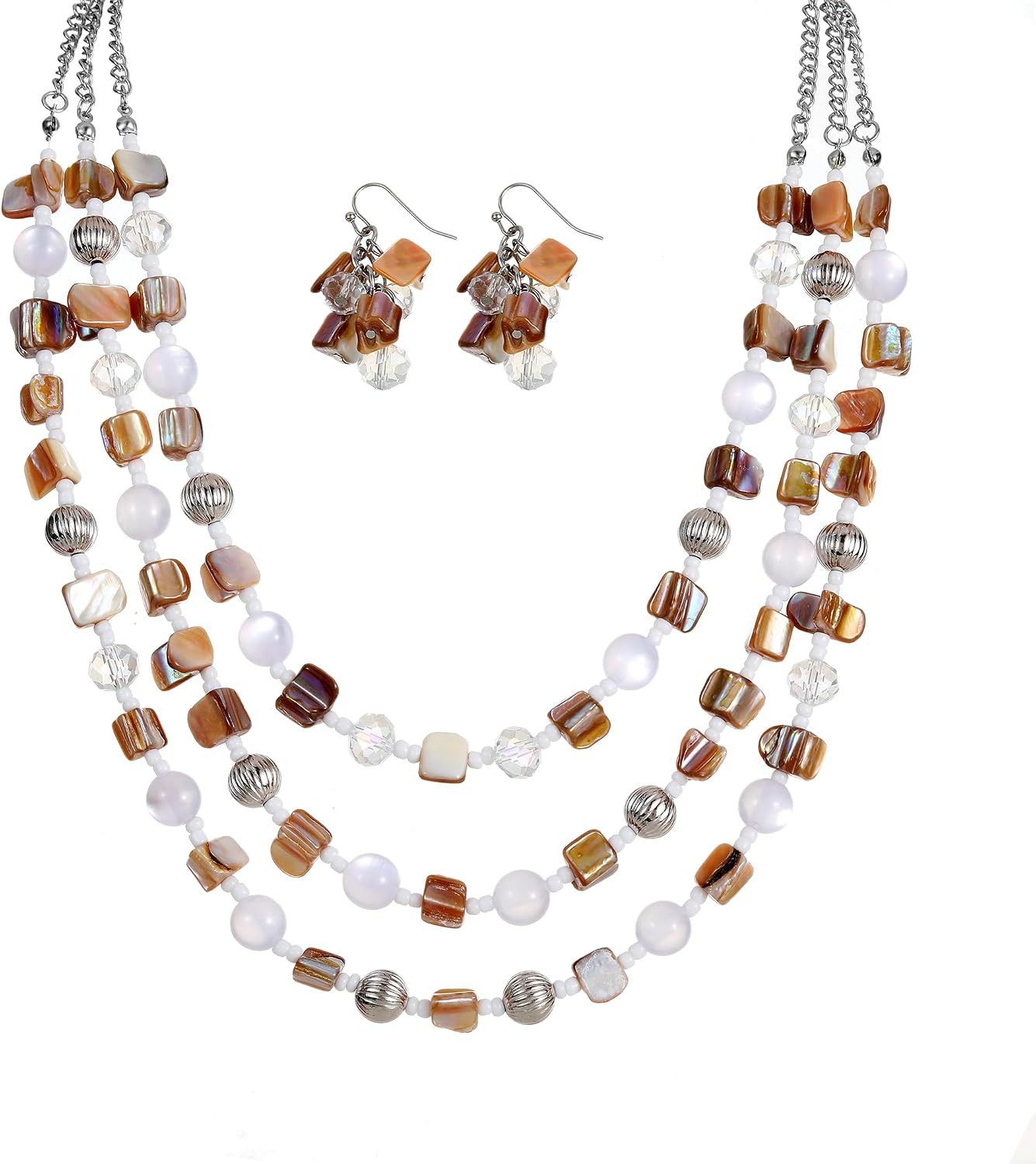 Multi Layered Shell Beaded Necklace for Women Boho Colorful Crystal Beads Strand Statement Fashion Jewelry Set Gift