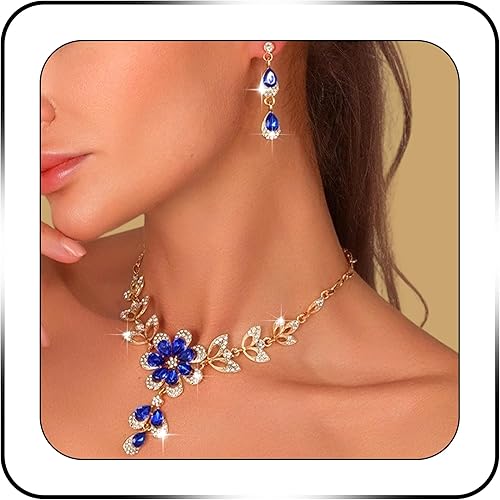 Gold Blue Jewelry Set Diamond Black Flower Teardrop Necklace Earrings Rhinestone Crystal Wedding Prom Formal Trendy Jewelry Accessories for Brides