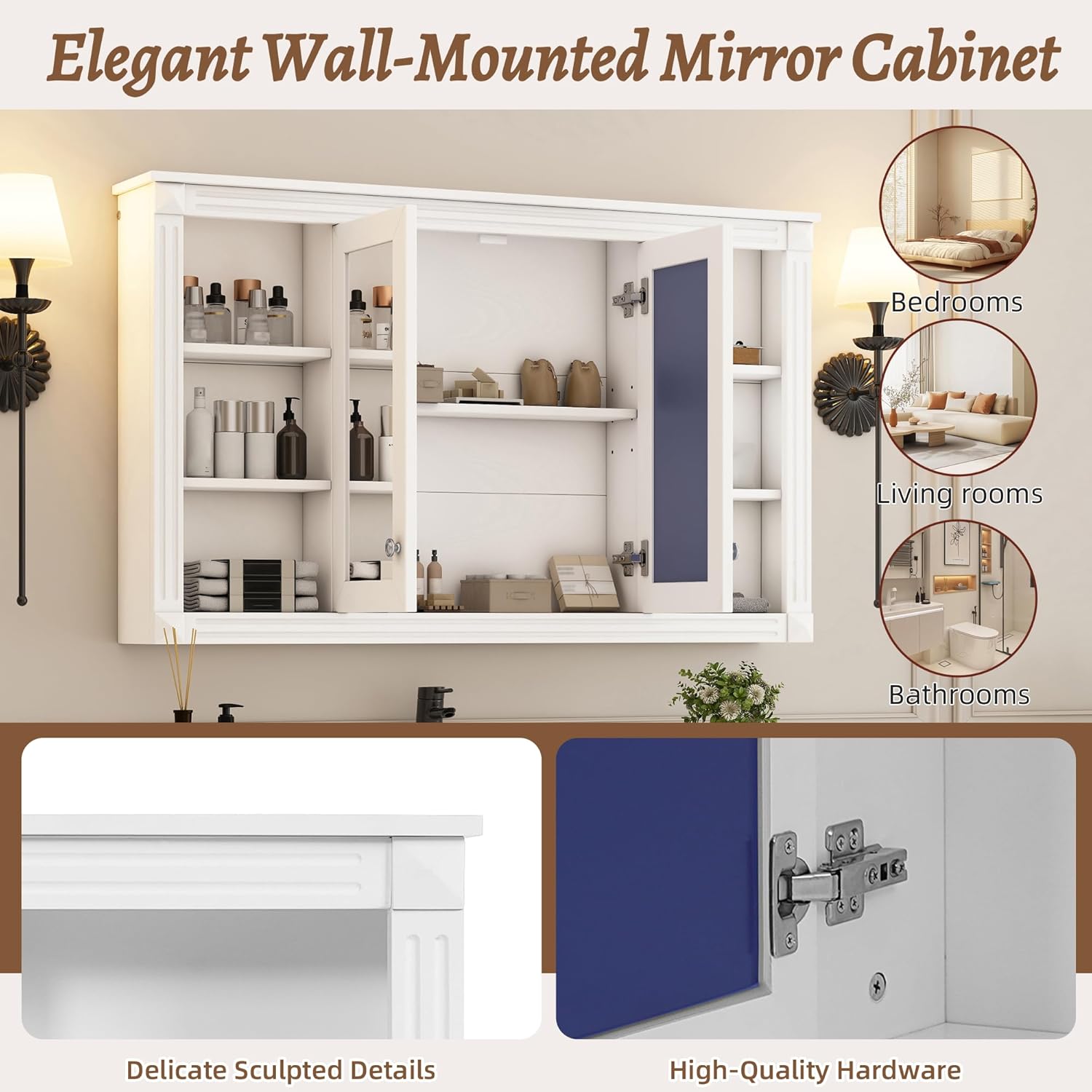 47 Inch Bathroom Mirror Cabinet with Storage White Solid Wood MDF Glass